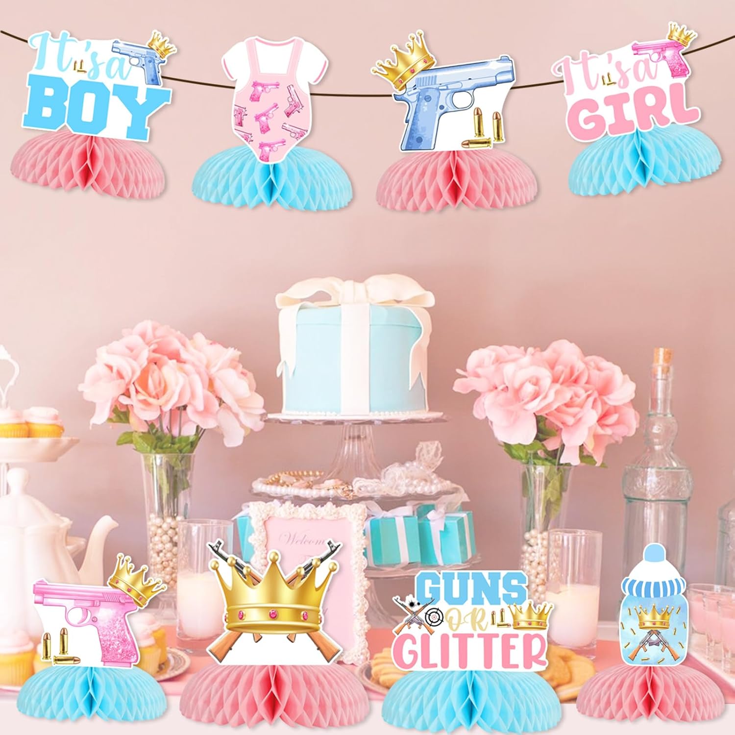 Guns or Glitter Gender Reveal Decorations, 8pcs Gun Theme It’s A Boy or Girl Honeycomb Centerpiece Double-sided Printing Table Decorations for Gun Theme Gender Reveal Party Supplies