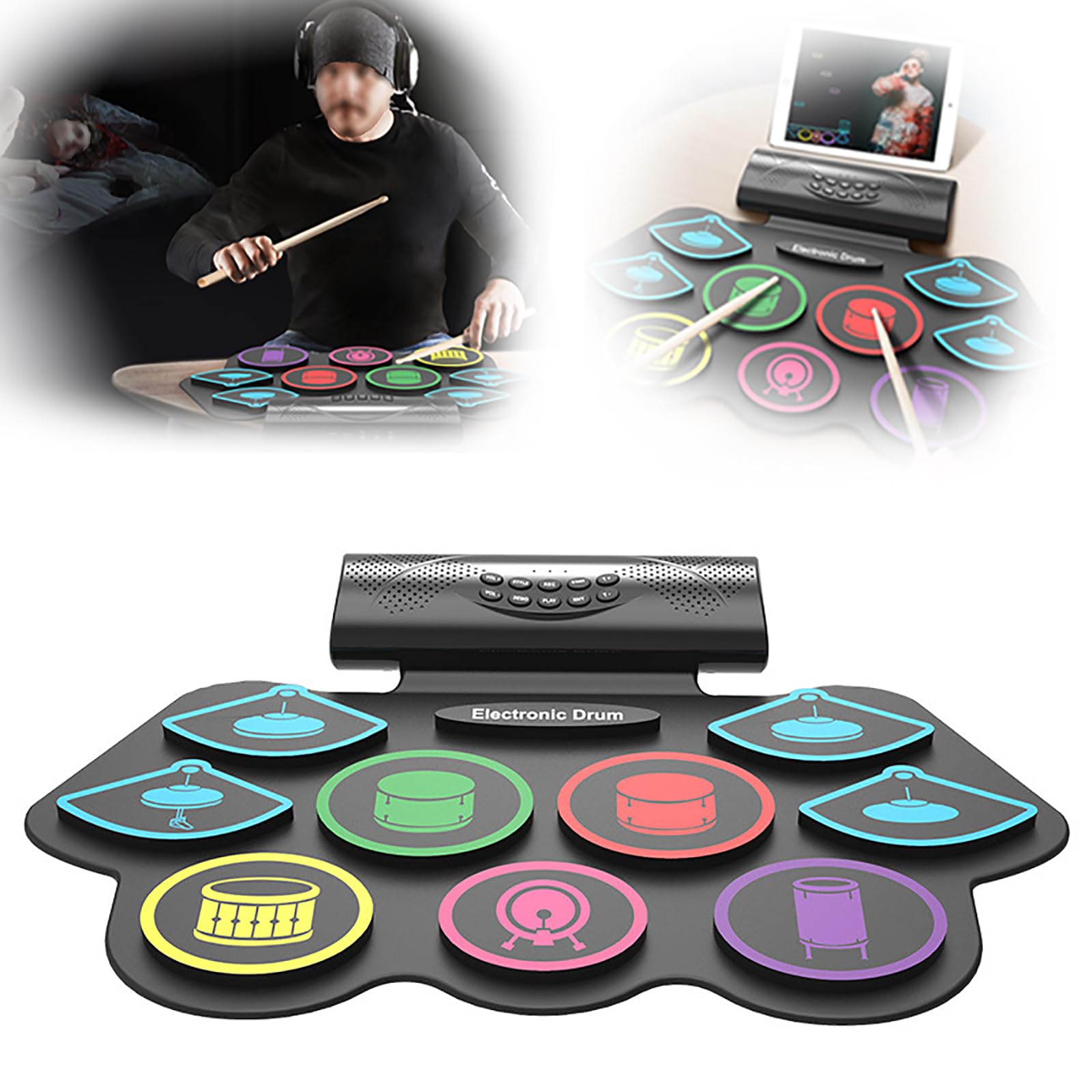 Batería Electrónica Bluetooth Portátil, Batería De Práctica Para Principiantes, 9 Pads De Batería + Tecnología MIDI Conectada A La Aplicación + Grabación De 1 Botón + Amplificador Externo ,Black