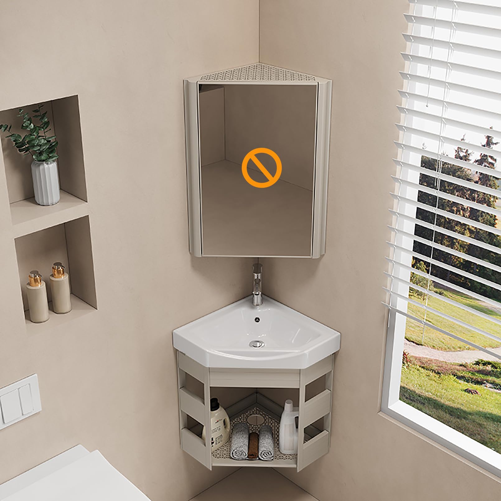 Lavabo Multiusos de Pared 43cm, Fregadero de Cocina Esquinero Colgado, Mueble Lavabo de Pared Todo en Uno - Uso en Baño, Cocina, Caravana o Taller con Armario y Grifo, Beige