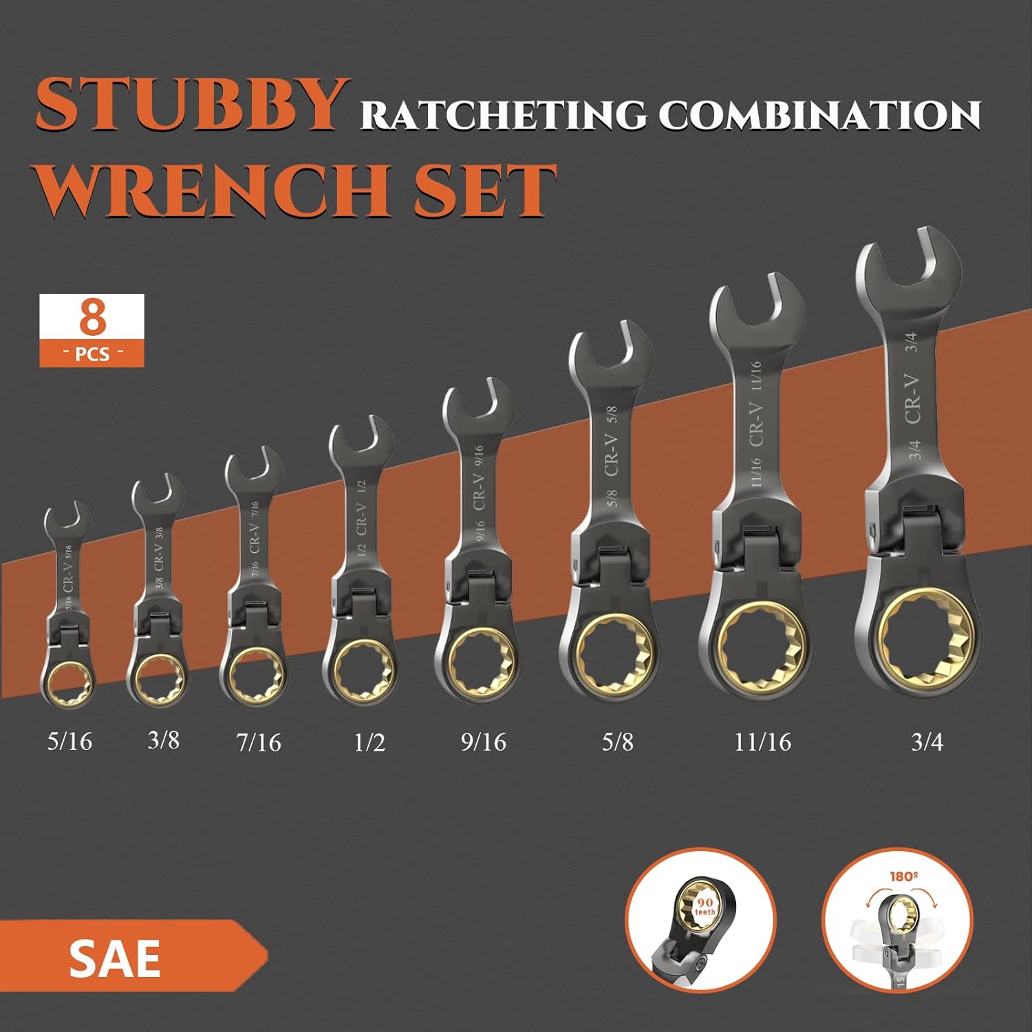 SUZUME 12PCS Flex Head Ratcheting Wrench set & 8PCS SAE Stubby Wrenches Set