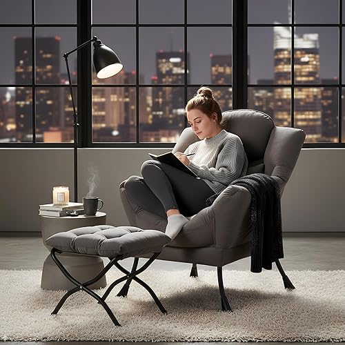 Miniatura 4 de Silla perezosa con otomana, cómoda silla de descanso de tela con almohada lumbar y reposapiés plegable, sillón de lectura para dormitorio, sala de