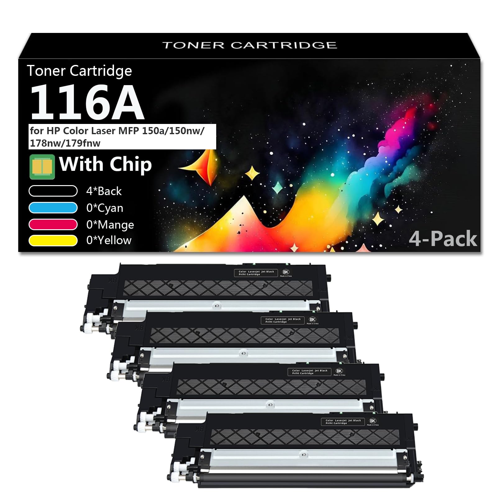 116A Cartuccia Toner Sostitutiva Compatibile per HP Color Laser MFP 150a 150nw 178nw 179fnw Stampante, può Aggiungere Inchiostro (1500 Pagine),4*Black