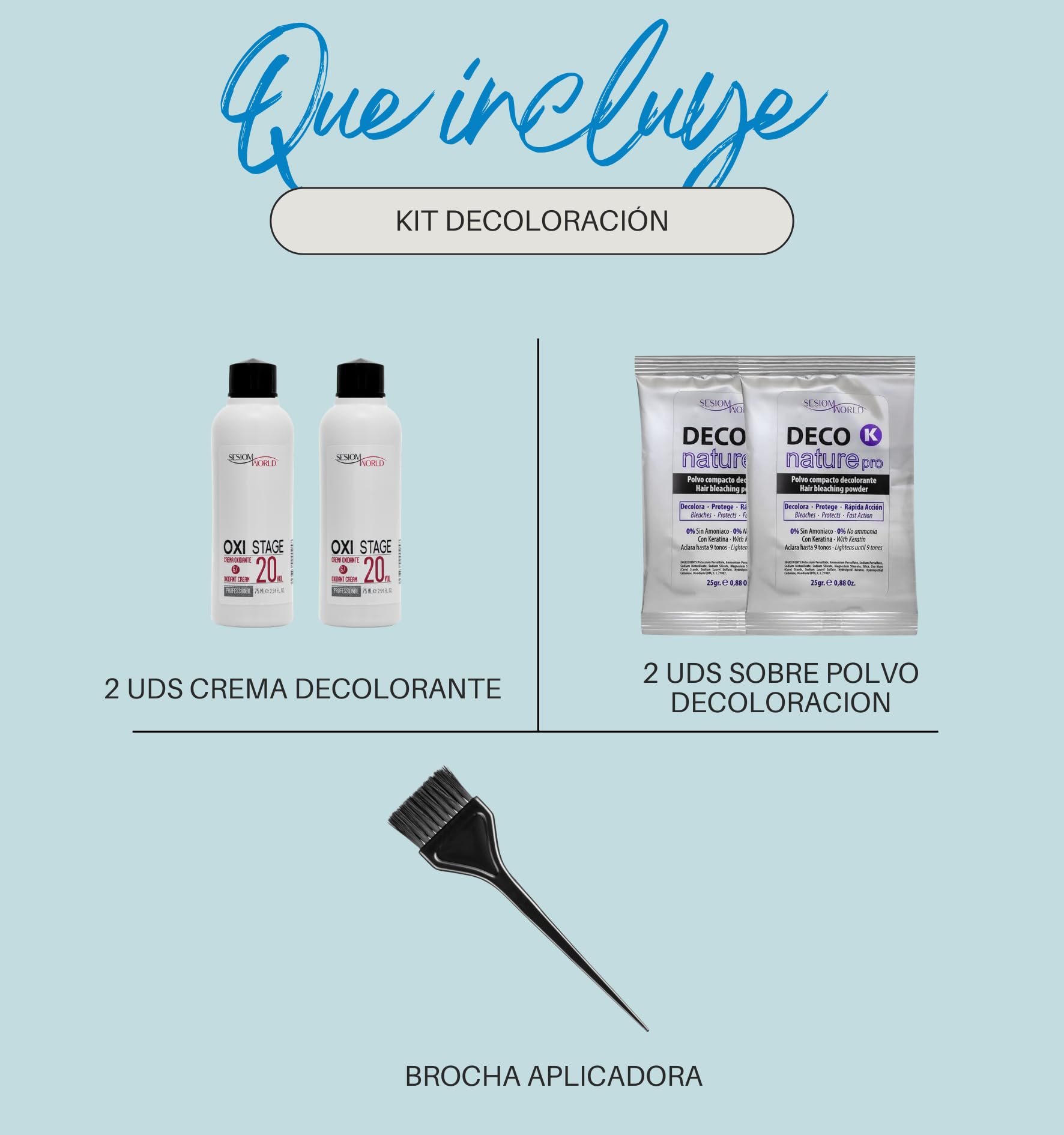 SesiomWorld Kit per capelli professionali – 2 creme da 20 vol, 2 buste in polvere e pennello applicatore – schiarimento sicuro e uniforme per il corpo