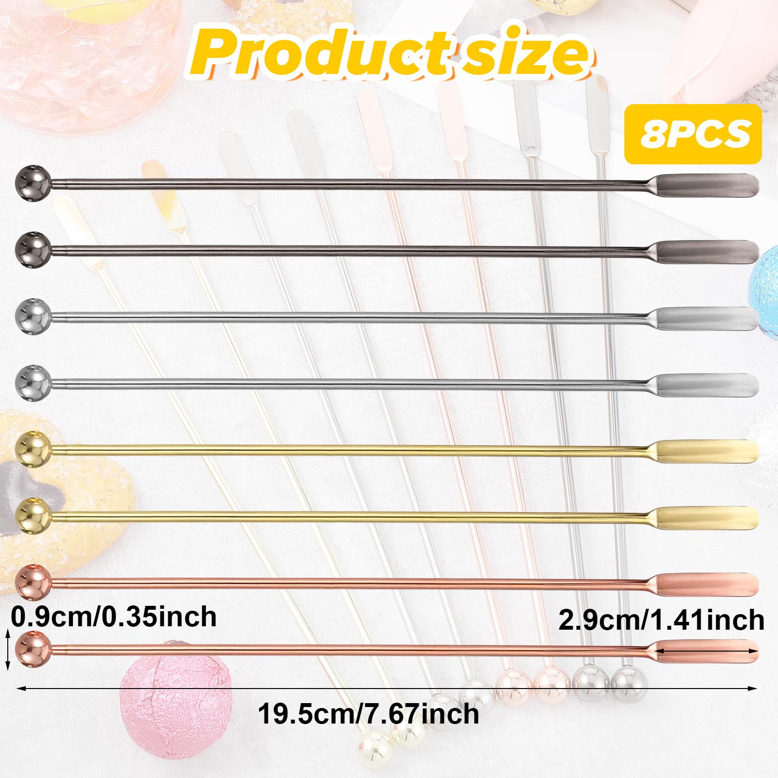 8 Pcs Coffee Sticks, 7.6 Inch Stainless Steel Swizzle Stick, Reusable Colorful Metal Stir Sticks, Drink Stirrer Spoon with Small Rectangular Paddles for Coffee Cocktail Chocolate Milk Juices