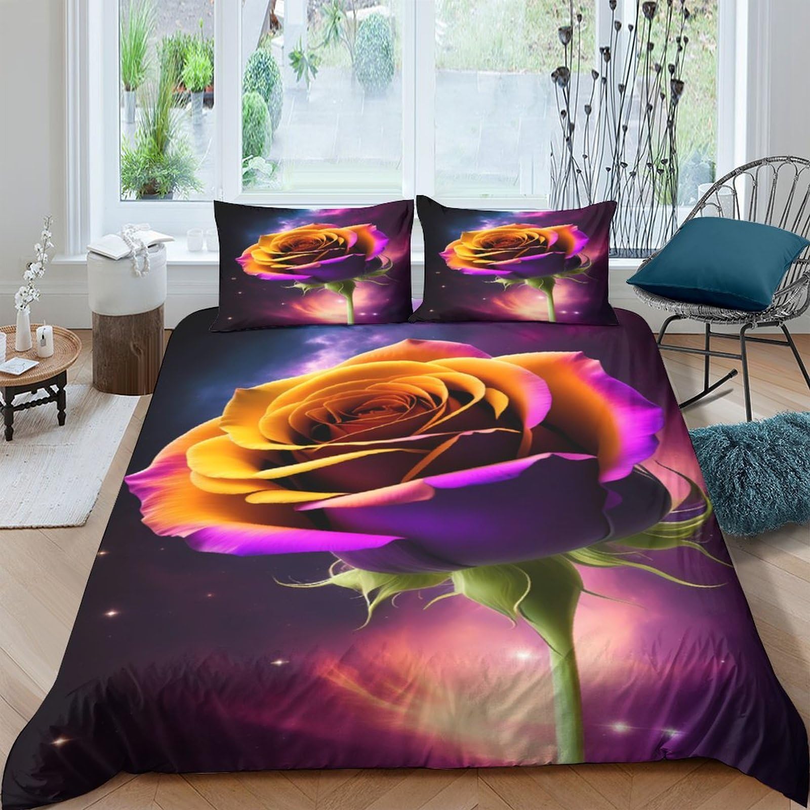 3D Printed Cosmic rose Comforter Cover Breathable Fabric Fantasy floral art Duvet Cover Hypoallergenic Fade Resistant Shrink Resistant Lightweight for Bedroom Use Double（200x200cm）
