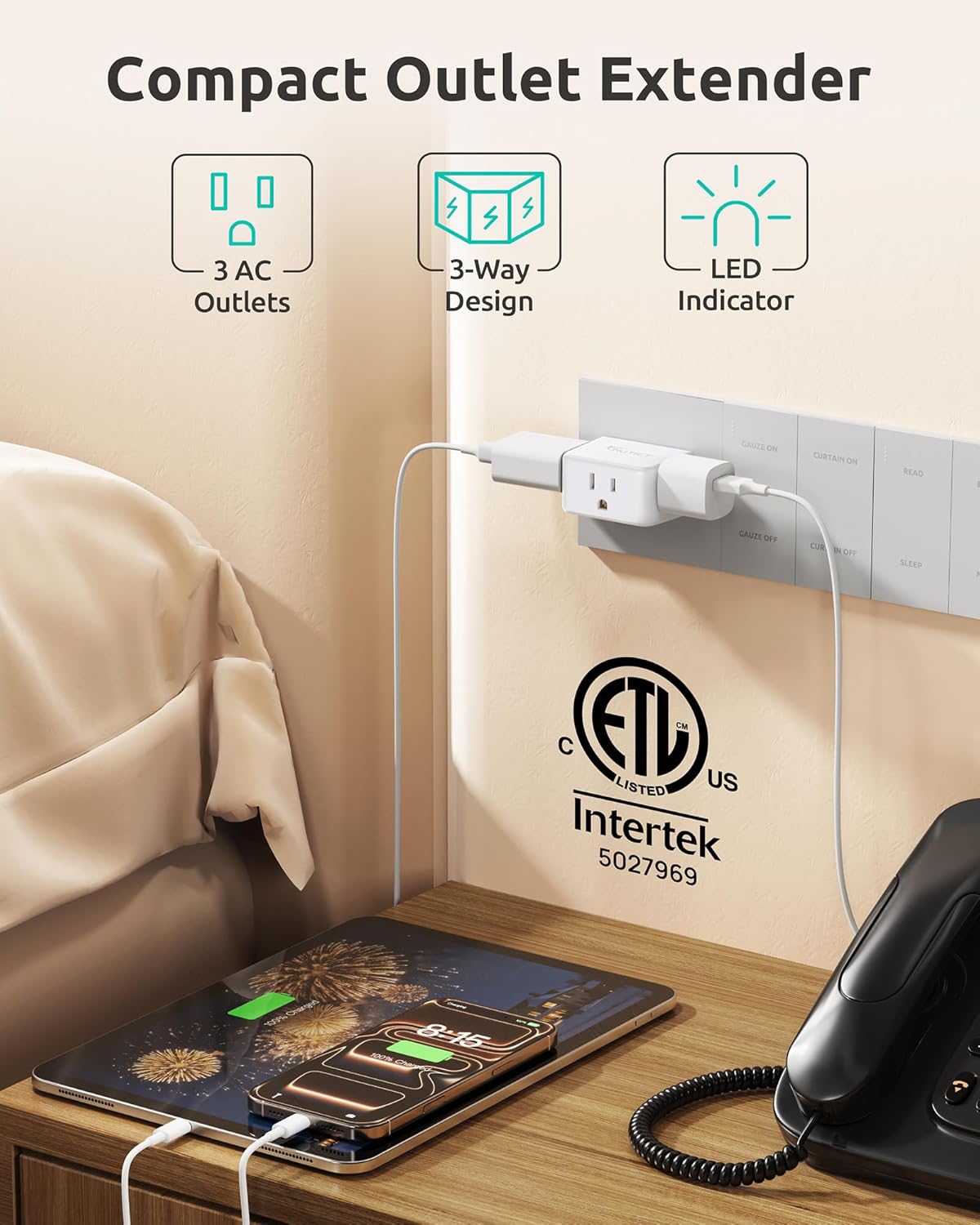 NUTICT Outlet Extender 2 Pack, ETL Listed, Multi Outlet Wall Plug Extender with 3 Outlets, 3 Way Plug Extension Outlet Splitter, Cruise Ship Essentials, Easy to Pack for Travel, Business Trips, White