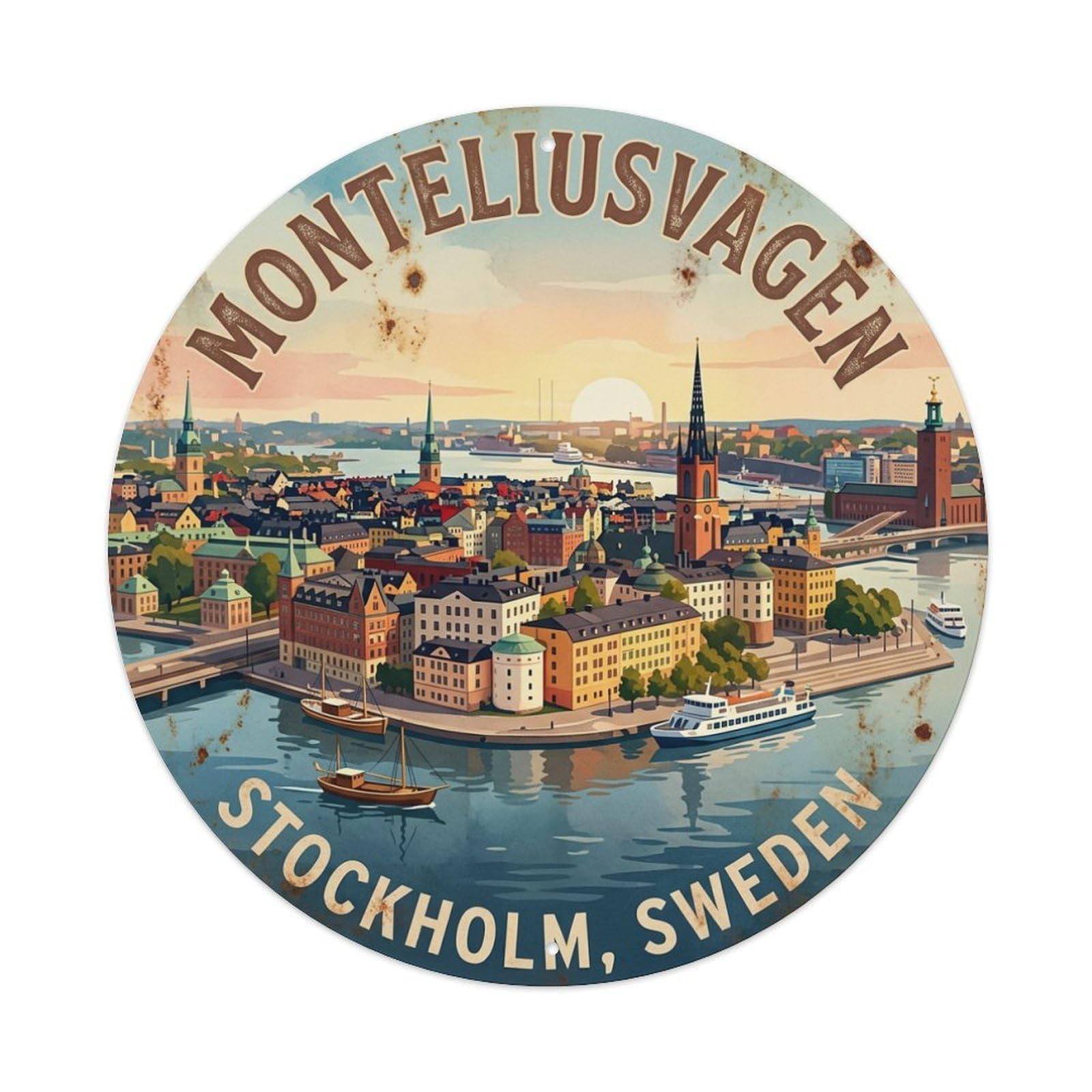 Vintage Travel Monteliusvagen Sweden Viewpoint Metal Tin Sign