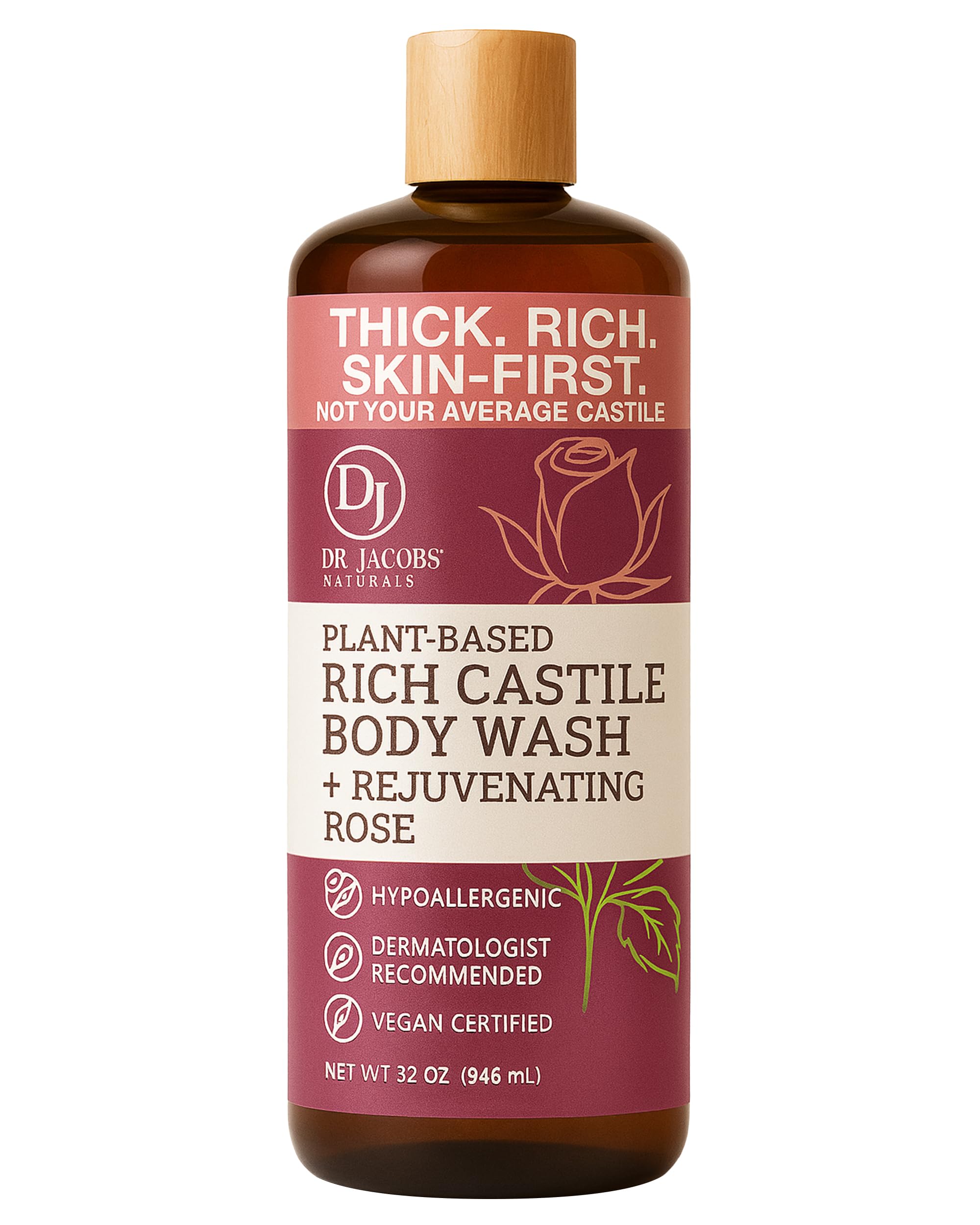 Dr. Jacobs Naturals Pure Castile Soap Liquid Body Wash, Rose - Plant Based Body Soap Infused with Vitamin E and Aloe Vera to Moisturize Dry and