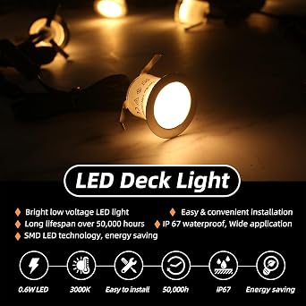 Recessed LED Deck Light Kits 16 Pack, IP67 Waterproof Outdoor Landscape In-ground Lighting, 12V Low Voltage Deck Lighting for Garden,Yard,Patio,Step,Stair,Floor Decoration.
