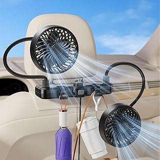 Car Dual 360° Schlauch-Ventilator für Auto, SUV, Wohnmobil & Pickup (Kopfstütze), Autoventilator für Rücksitz, Baby & Kinder – Leiser stufenloser Luftstrom, 2 Haken zum Aufhängen