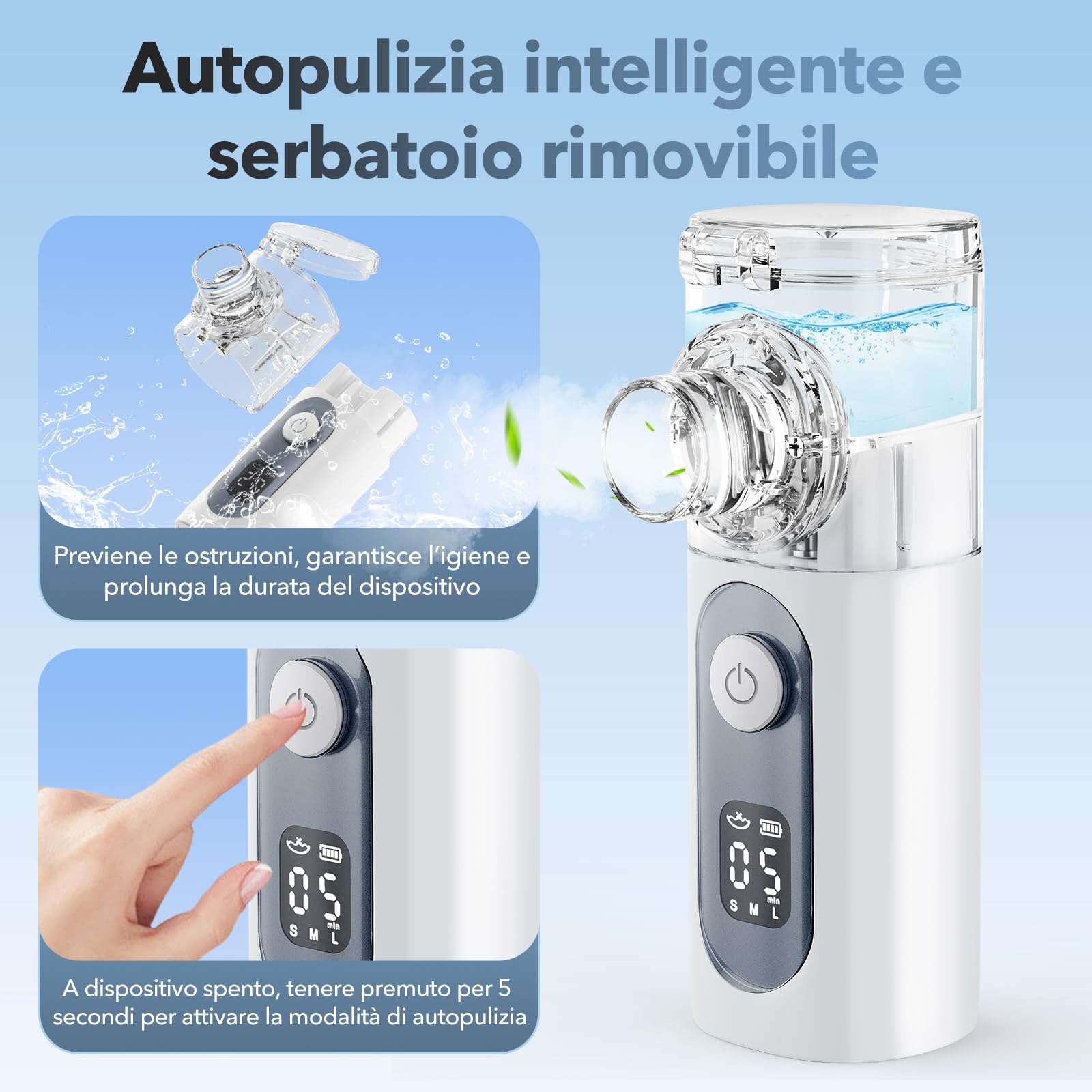 Aerosol Portatile Ricaricabile Silenzioso per Adulti e Bambini - Inalatore a 3 Velocità con Auto Spegnimento e Auto-Pulizia, Include 2 Maschere (Adulti/Bambini) e Boccaglio - Ideale per Casa, Ufficio