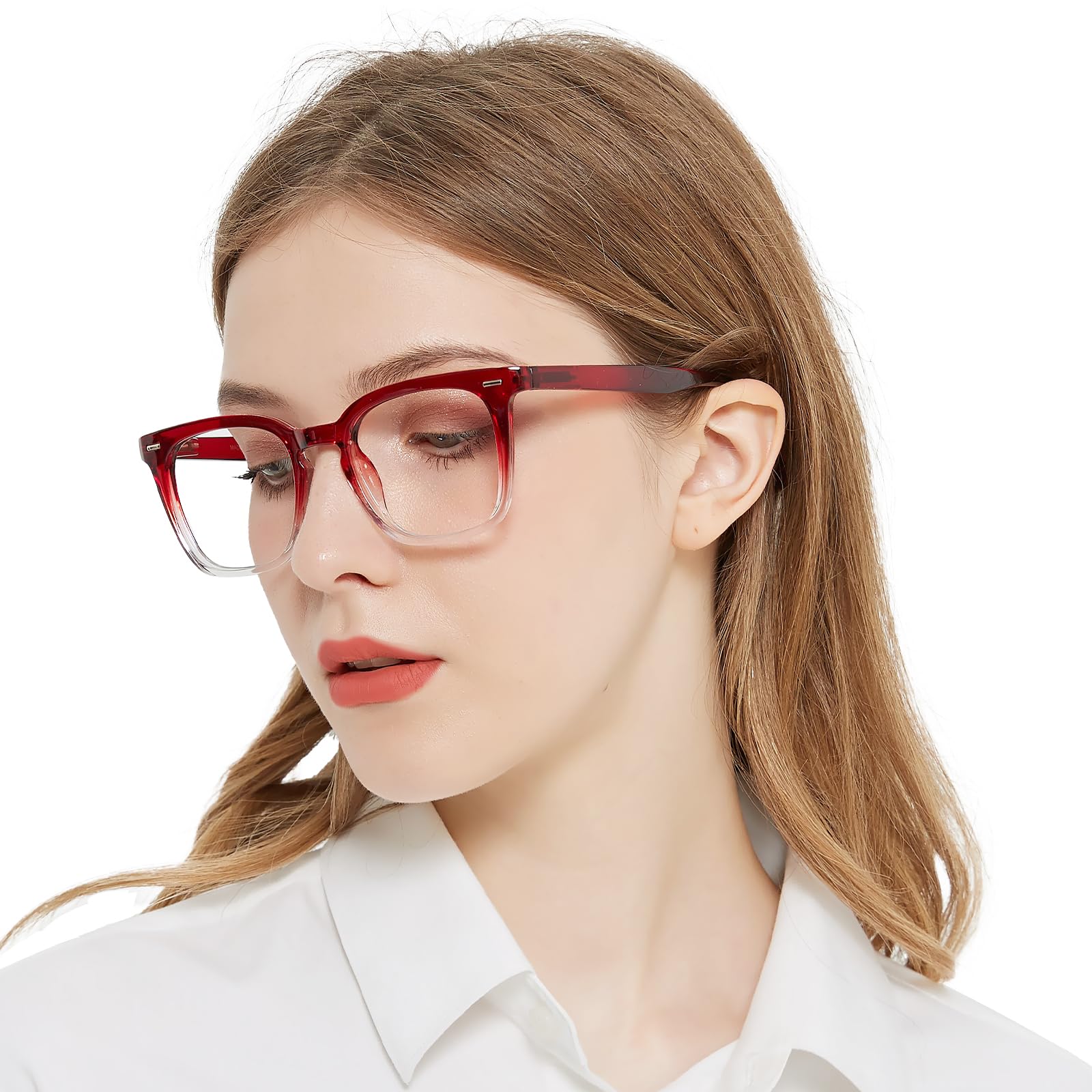 OCCI CHIARI Big Rectangle Plain Glass Spectacles for Women Fashion Blue Light Glasses Women's Rivet Decorated Glasses Spring Hinge (Red-Transparent) - Image 2