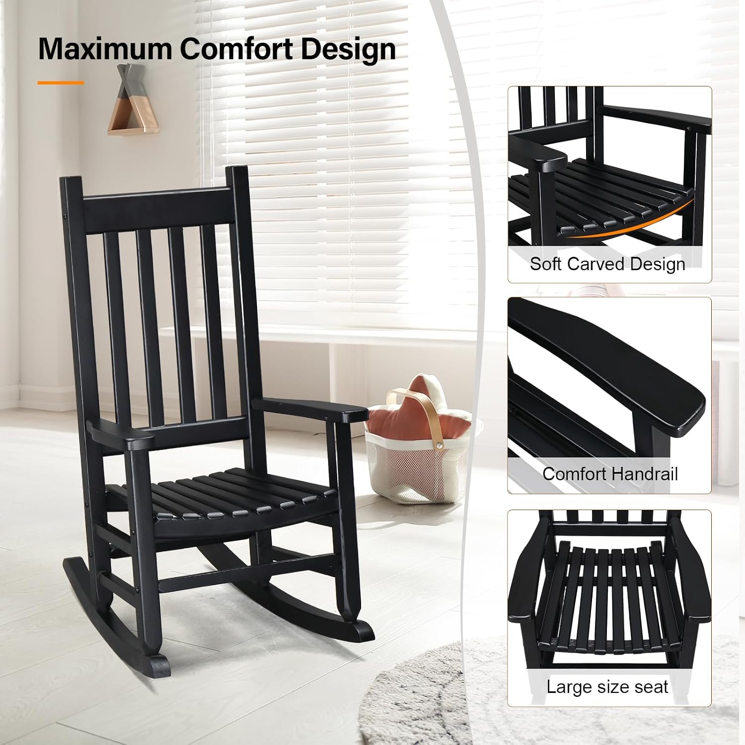 VINGLI Outdoor Child’s Rocking Chair, All Weather Wooden Rocking Chair with High Backrest, Patio Rocker for Garden, Yard, Balcony, Wooden Rocker for 3-9 Years Old, Black