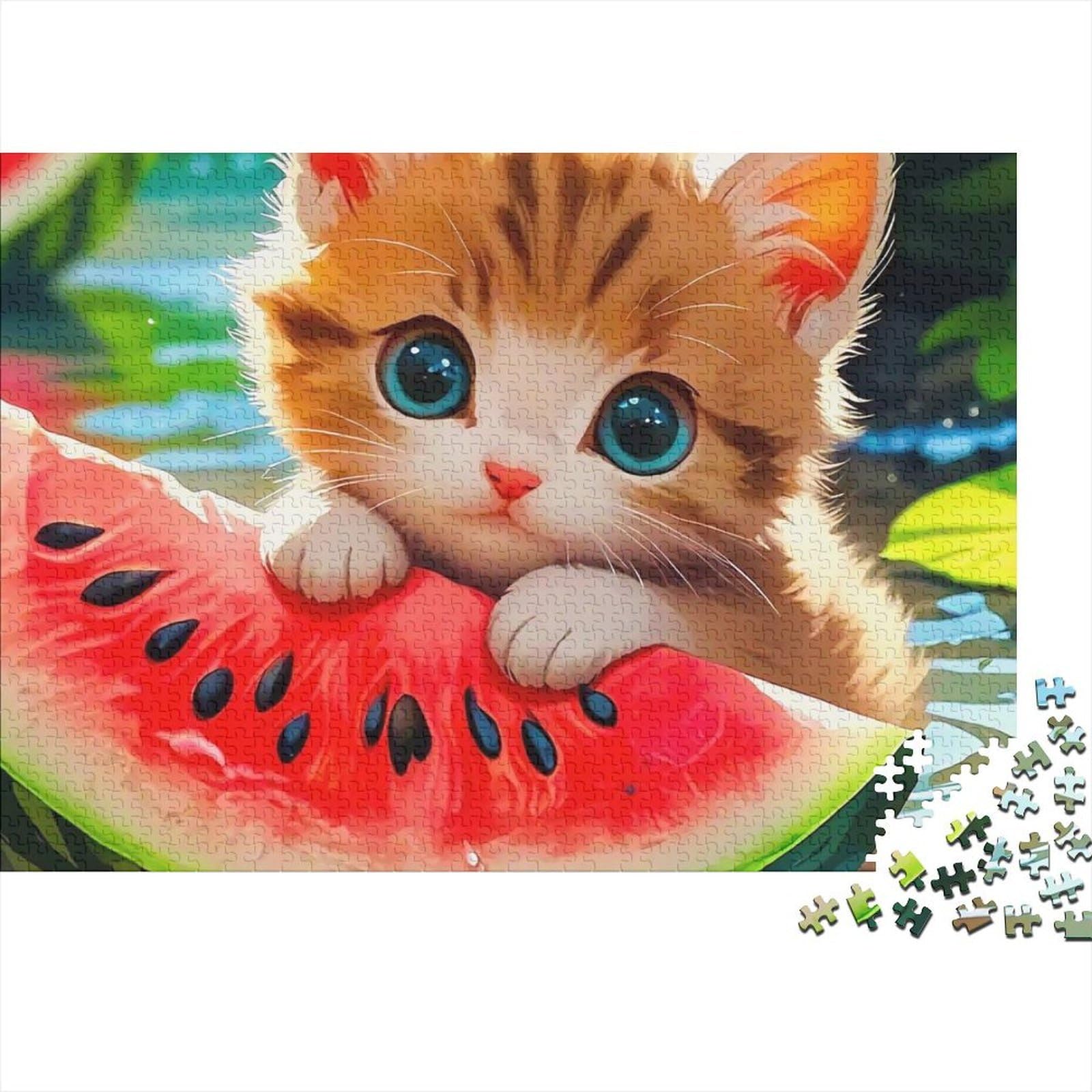 Cute Kitten 1000 Piece Jigsaw Puzzle Paper for Adults Summer Watermelon Puzzle Game for Family Focus Decoration Gift 38x26cm/1000pcs
