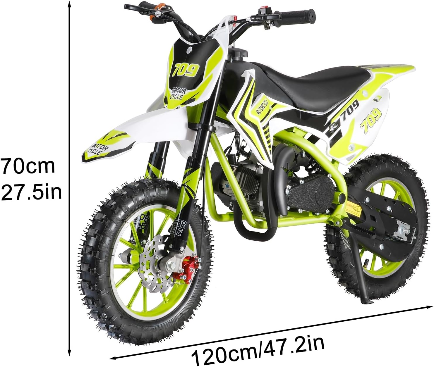 49cc Kids Dirt Bike,2-Stroke Mini Motorcycle,Gas Power Motocross with Off-Road Tires Shock Absorption Springs Seat Cushion Pocket Motorbike with Front Rear Disc Brakes Green