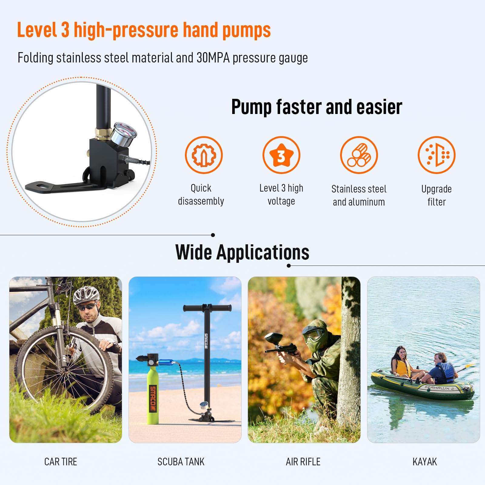 SMACO Hochdruck-Handpumpe, 4500 Psi/30 MPa, Luftpistole, Gewehrfüllung, Steigbügelpumpe, 3/4-stufige Hochdruck-Luftpumpe mit Manometer, Öl- und Wasserabscheider für Paintball, PCP, Tauchen