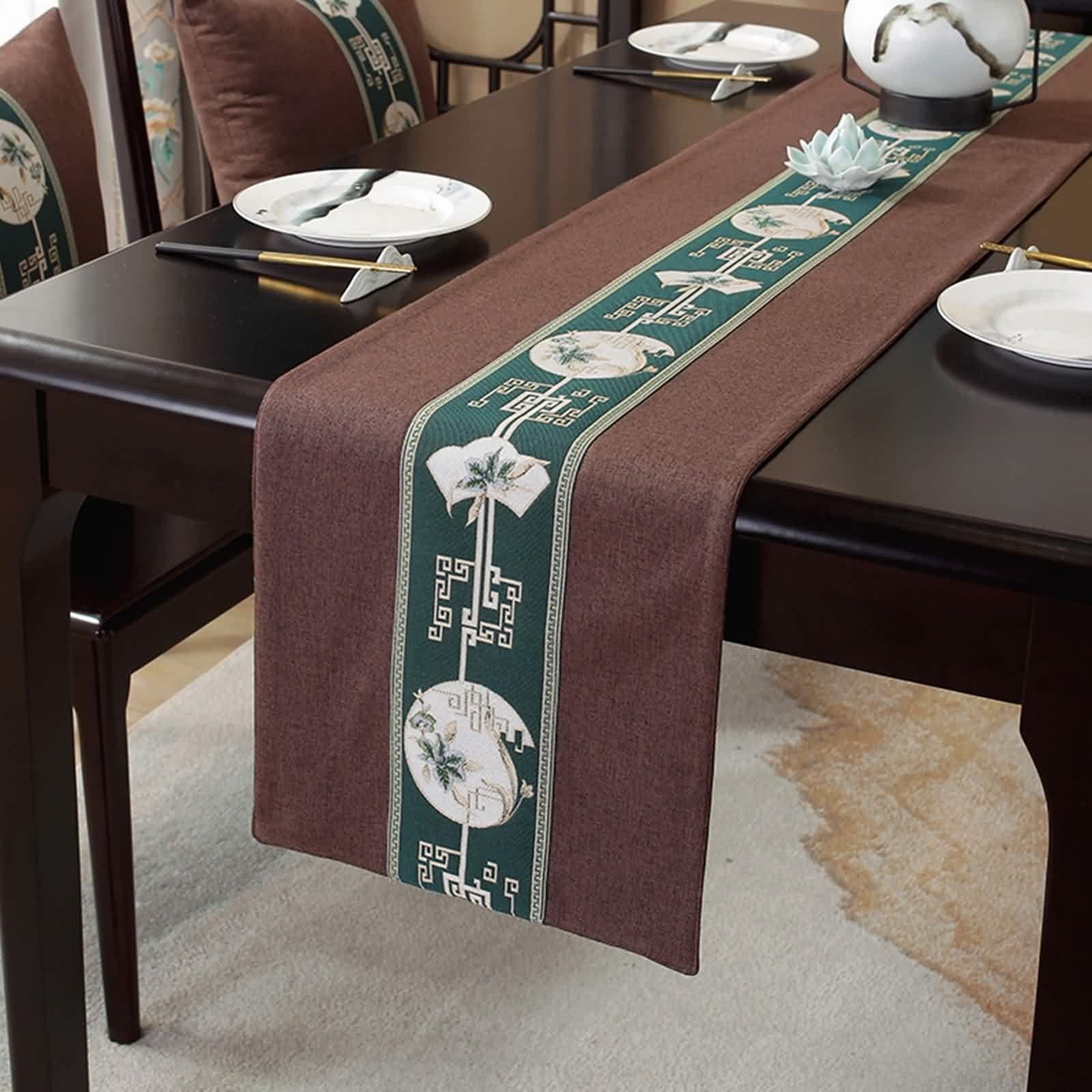 Table Runner Cloth, Tischläufer Herbst Braun 33x240CM Klassische Stickerei Blume Baumwolle Tischdeko Wohnzimmer Küche Hochzeiten