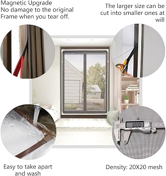 DIY Magnetic Window Screen with Adjustable Size | Easy and Fast Installation, Window Screen net kit White Frame with Gray Fiberglass mesh