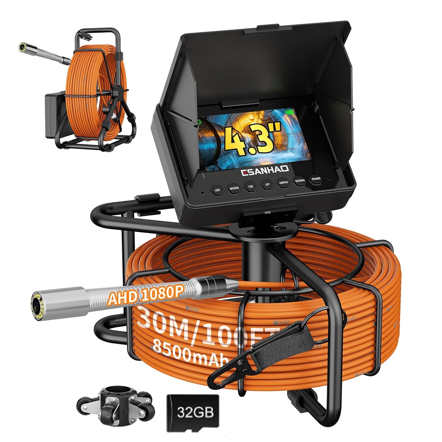 Sewer Camera 100FT/30M Borescopes Plumbing Snake Pipe Inspection Camera DVR & Audio Recorder 23MM with 8500Mah Battery 4.3" IPS Screen 12 LEDs HD 1000TVL 32GB Card (23MM Camera)