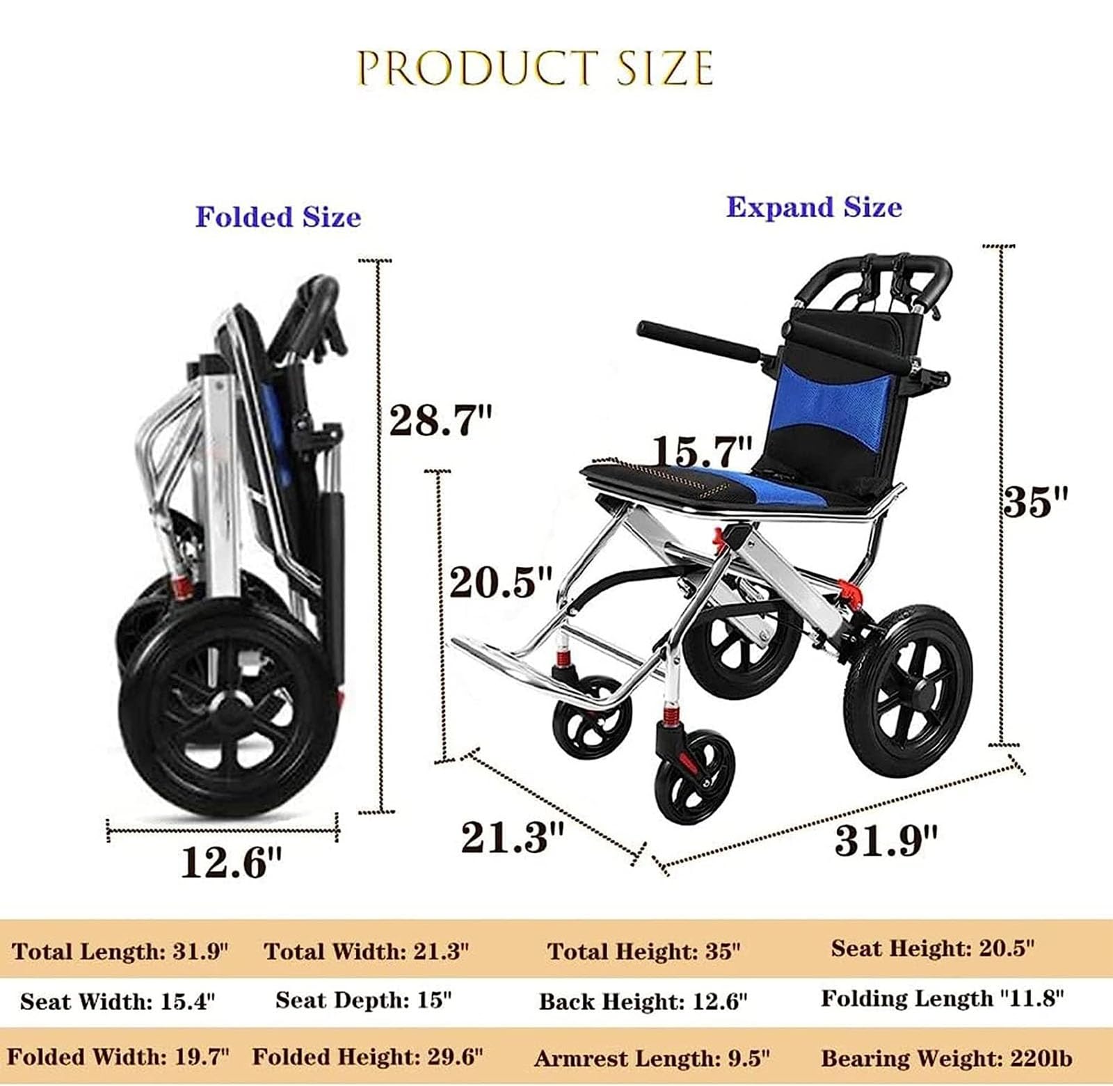 Sedia da trasporto pieghevole per adulti, con braccioli regolabili, facile da viaggiare Sedia a rotelle ultraleggera per anziani e bambini(8 inch)