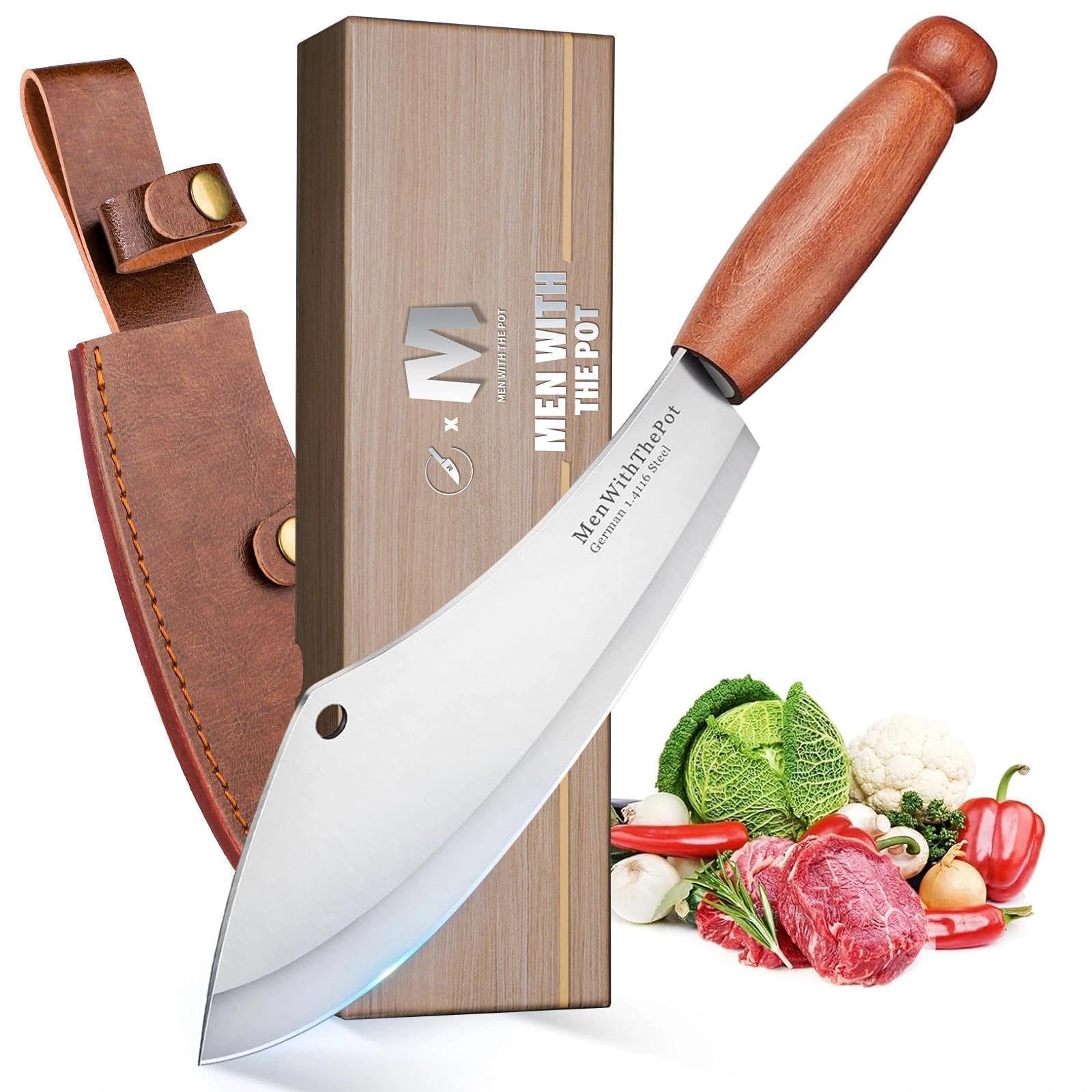 MEN WITH THE POT Meat Cleaver Knife, Hand Forged Ultra Sharp Stainless Steel Butcher Knife with Sheath, Multipurpose Chef Knife for Kitchen Outdoor Cooking Camping BBQ, Gift for Man Women