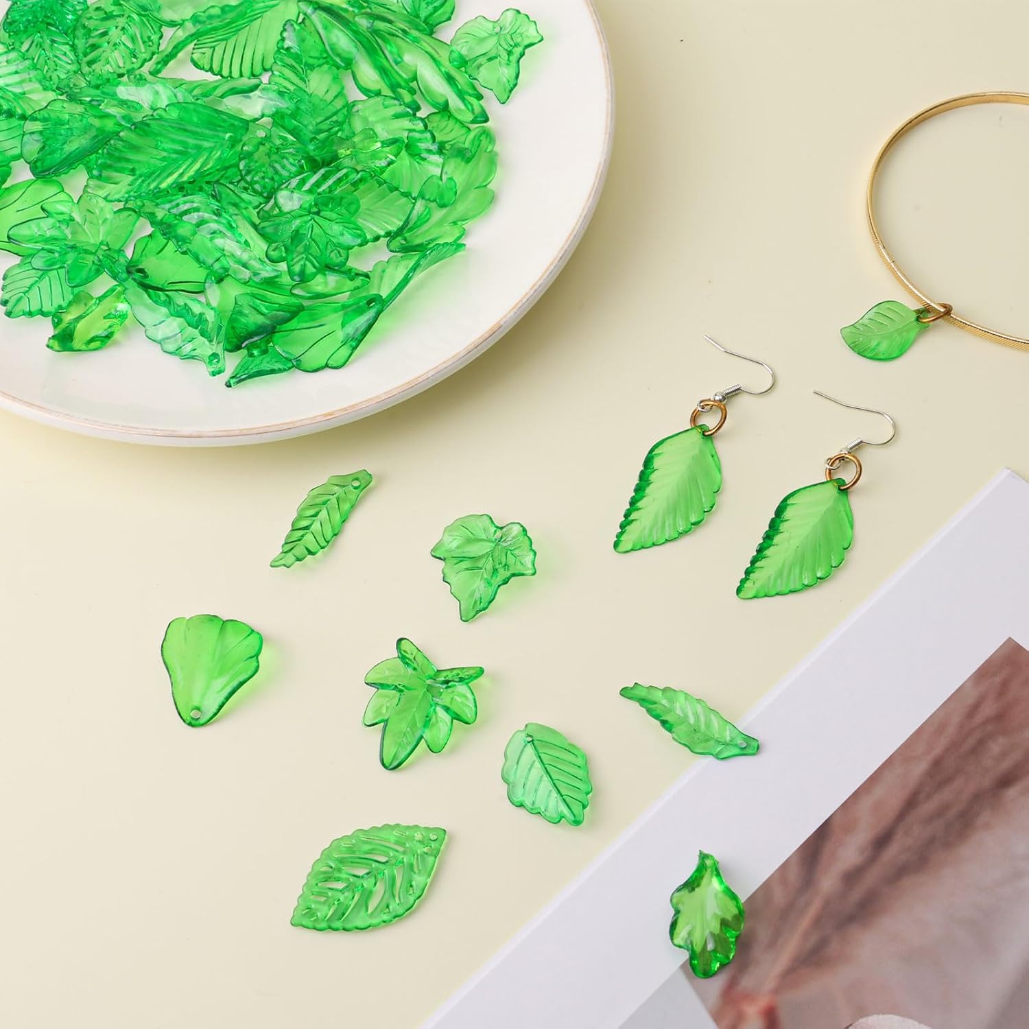 300pcs Green Acrylic Leaf Beads, 15 Styles Transparent Leaf Charms Cute Maple Leaves Pendants Plant Leaves Bead Caps for Jewelry Making Spring Crafts DIY Earring Necklace Anklet Supplies - Image 3