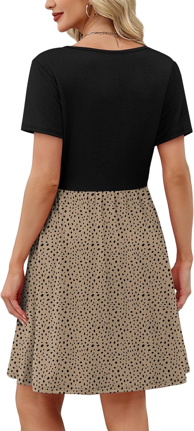 OFEEFAN Womens Summer Dresses 2025 Short Sleeve Square Neck Casual Sundresses with Pockets A-Line Color Block - Image 5