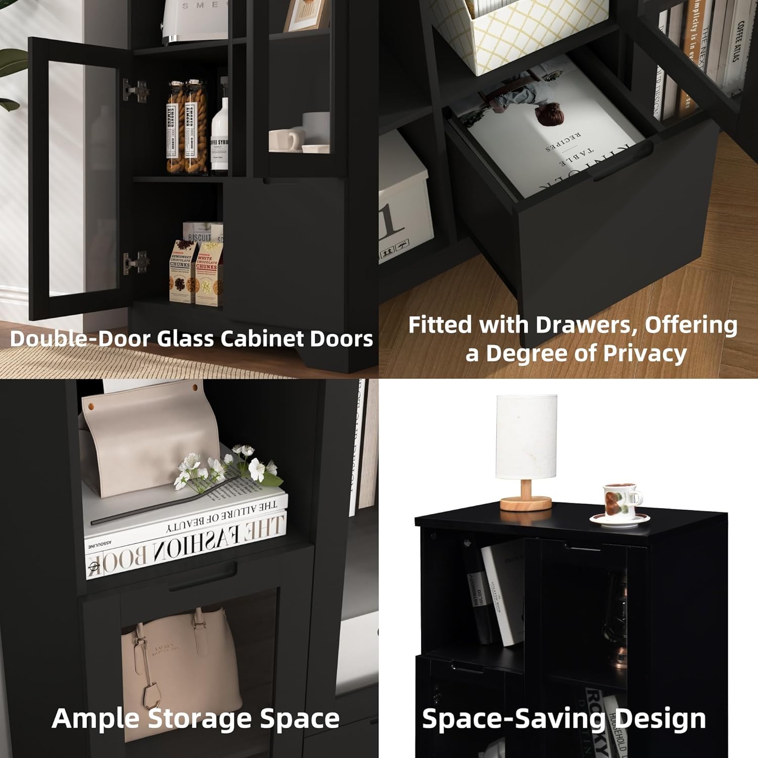 Buffet Sideboard with Storage, Dining Room Storage Cabinet, Entryway Cabinet with Glass Doors Drawer for Living Room, Bathroom, Entryway, Bedroom, Dining Room, Condo, Office, Black