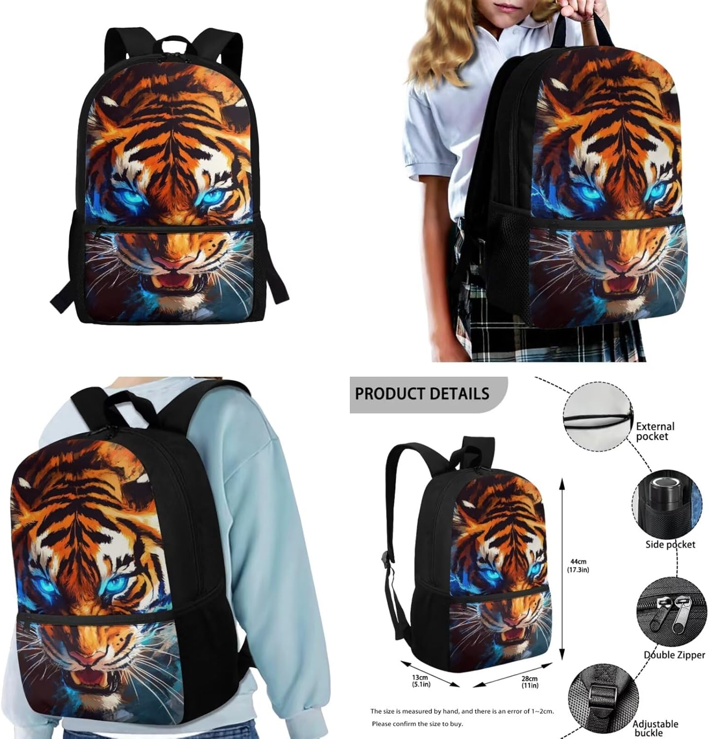 Gomyblomy 3D Tiger Backpack for Boys 10-12 12-14 Cool Kids School Bags for Boys 7-10 with Lunch Box Bag Lightweight Boys Bookbag with Front Pocket 4 Piece Middle Schoolbags for Teens