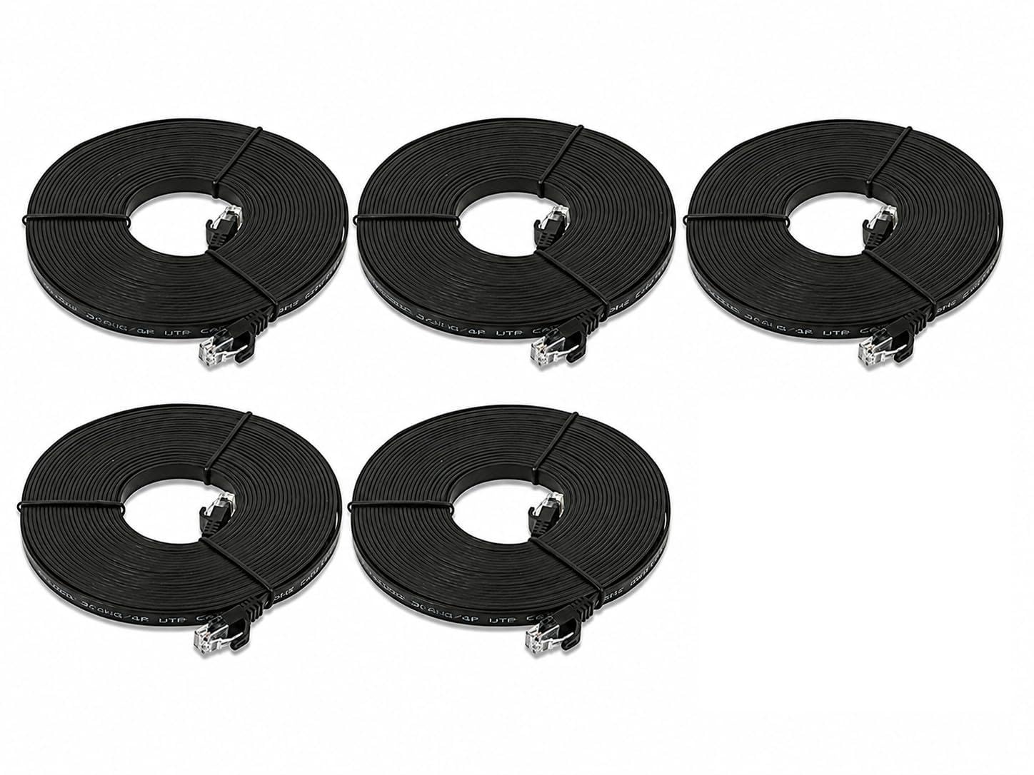 BRENDAZ (5-Pack) Cat5e Ethernet Patch Cable, 25ft. Flat, Snagless, Stranded, 350MHz, UTP, Pure Bare Copper Wire, 30AWG, Black (5pk, 25-Feet)