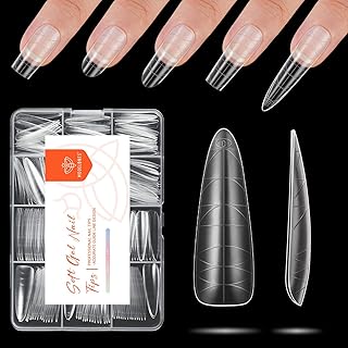 modelones Guiding Line Nail Tips, Long Almond Stiletto Soft Gel Tips Fake Nails False Acrylic Extensions Seamless Accurate Positioning Scale Line, Full Matte Professional Nail Salon 216PCS 12Sizes