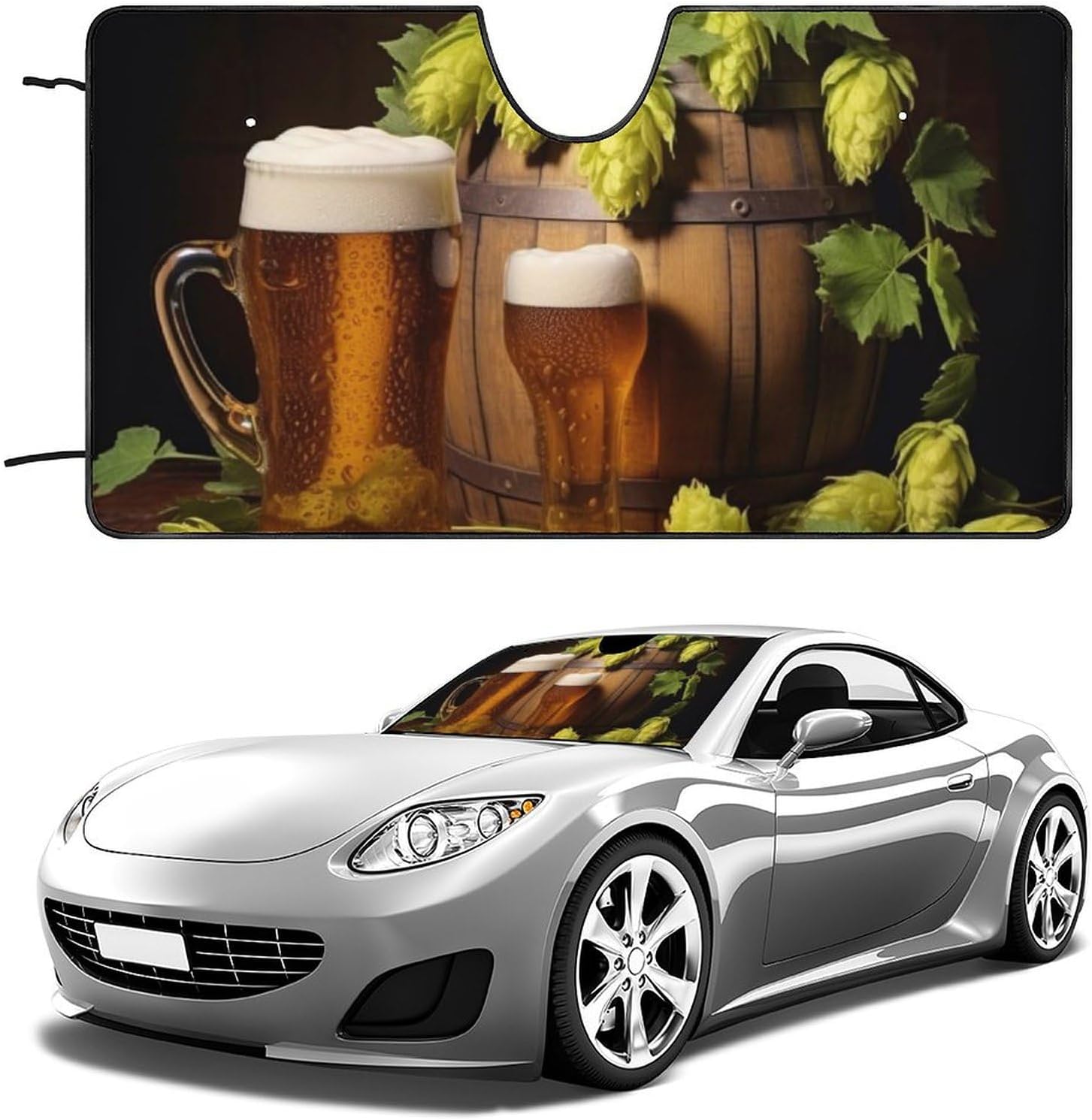 Car Windshield Sun Shade Cover Beer and Hop Cones Sunshade Fron Windshield Cover Foldable Car Sun Visor for Truck Car Windshield Cover for Most Sedans