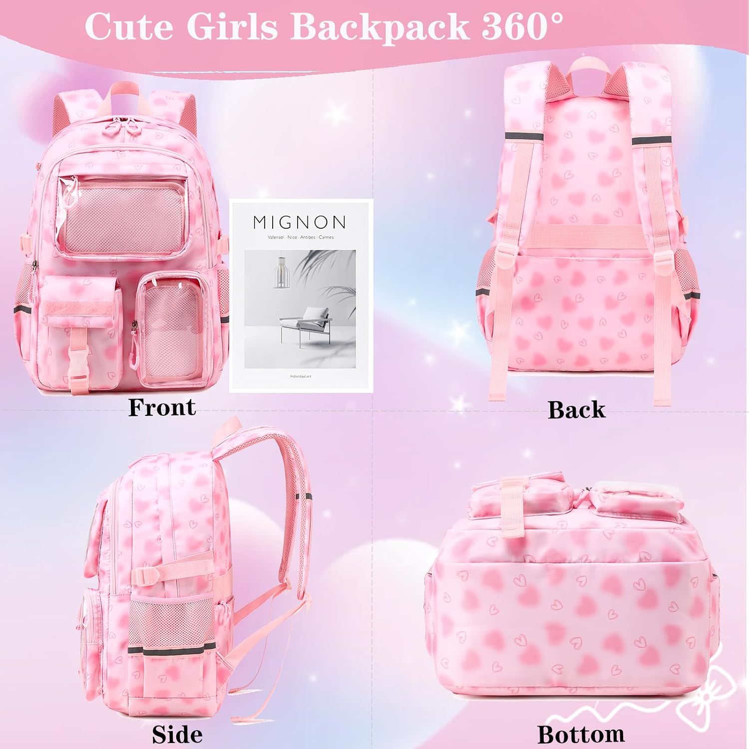Girls Backpack Cute Aesthetic Bookbag Kawaii Ita Backpacks with Pin Display Insert School Bag for Teen Girls，Pink(Pins NOT Included)