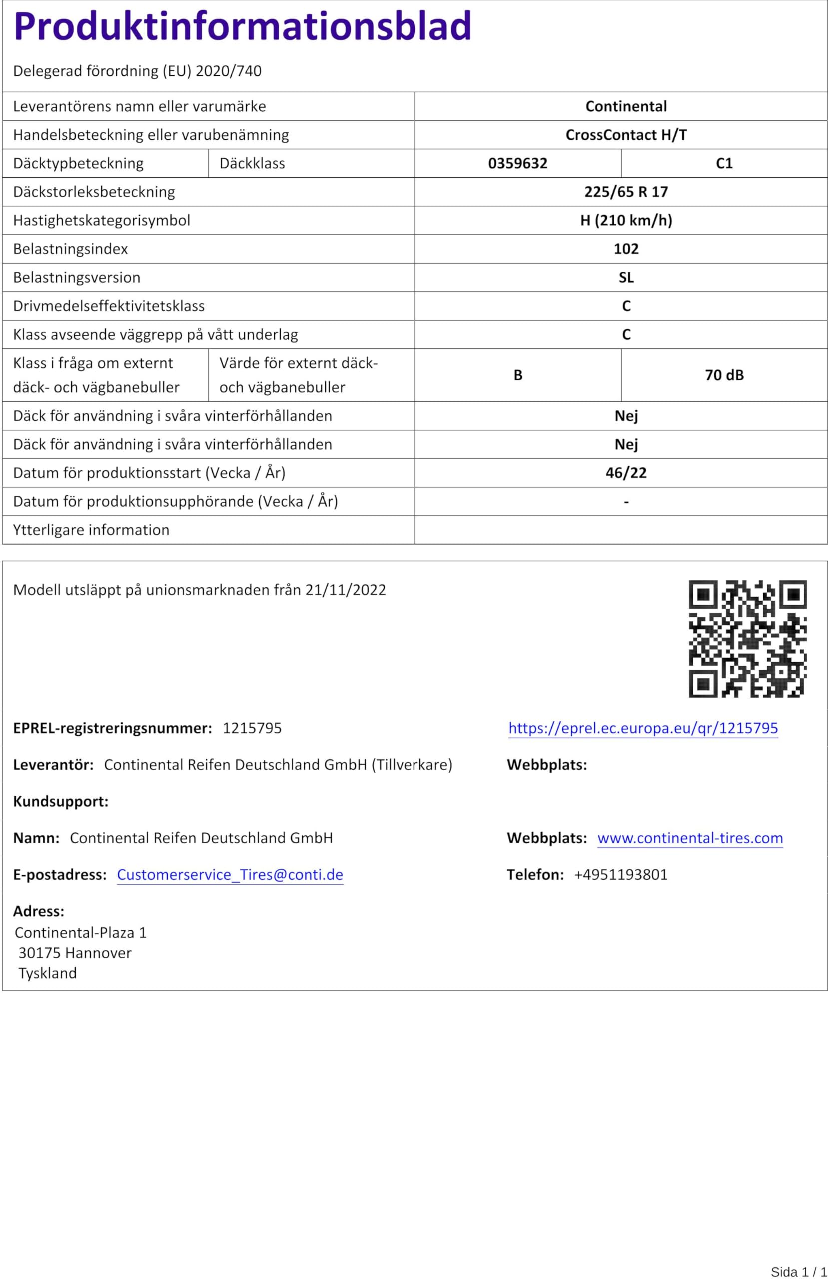 CONTINENTAL - CrossContact H/T - 225/65 R 17-102H/C/C/70dB - Pneumatico per tutte le stagioni