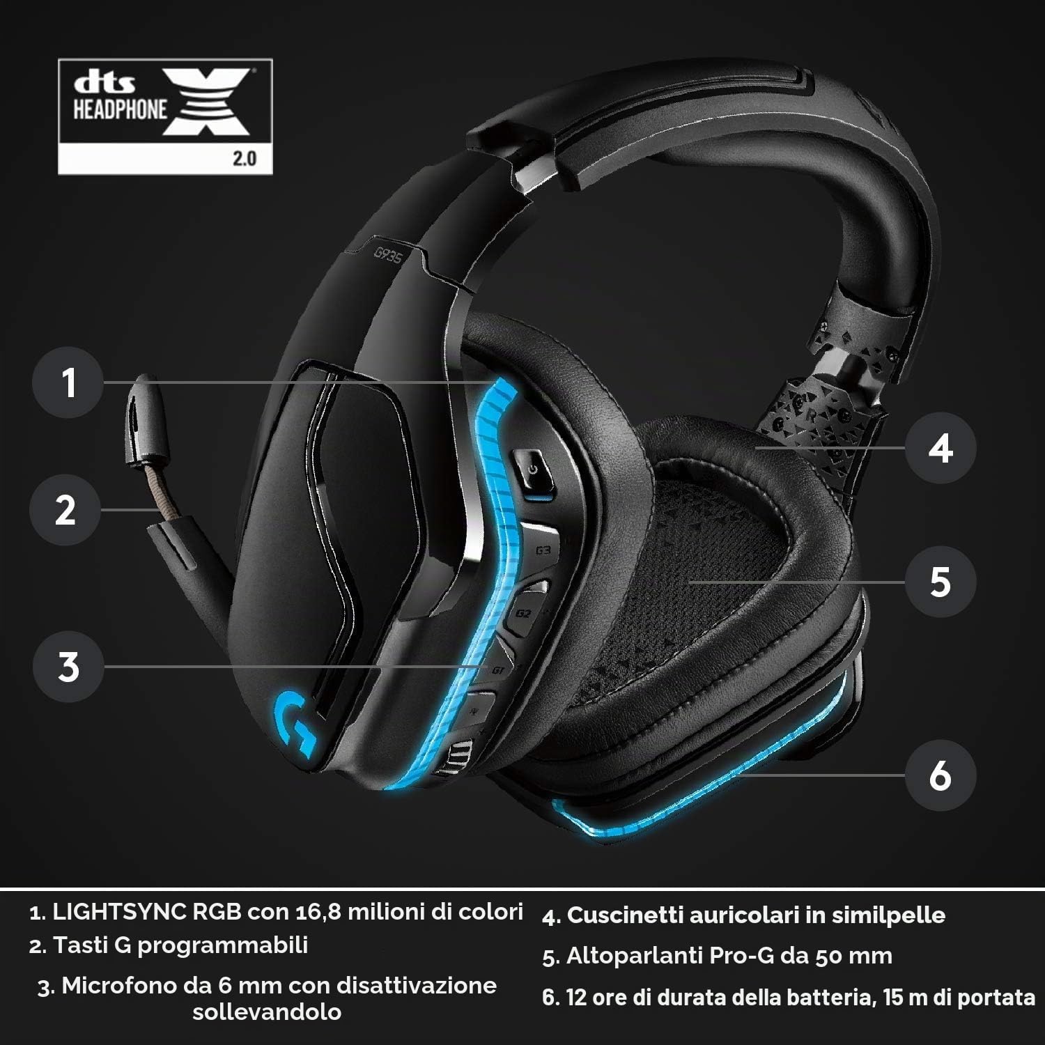 Natur Pur LieferAlles E.C. Cuffie da gioco wireless G935 con LIGHTSYNC RGB, 7.1 Surround Sound DTS Headphone: X 2.0, driver da 50 mm, connessione wireless, switch PC/Xbox One/PS4/N, colore nero