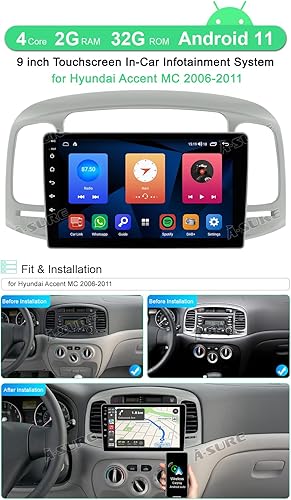 Miniatura 2 de ASURE Radio estéreo de coche de 9 pulgadas para Accent MC 2006-2011, 4 núcleos 2+32G Android navegación GPS unidad principal con Carplay