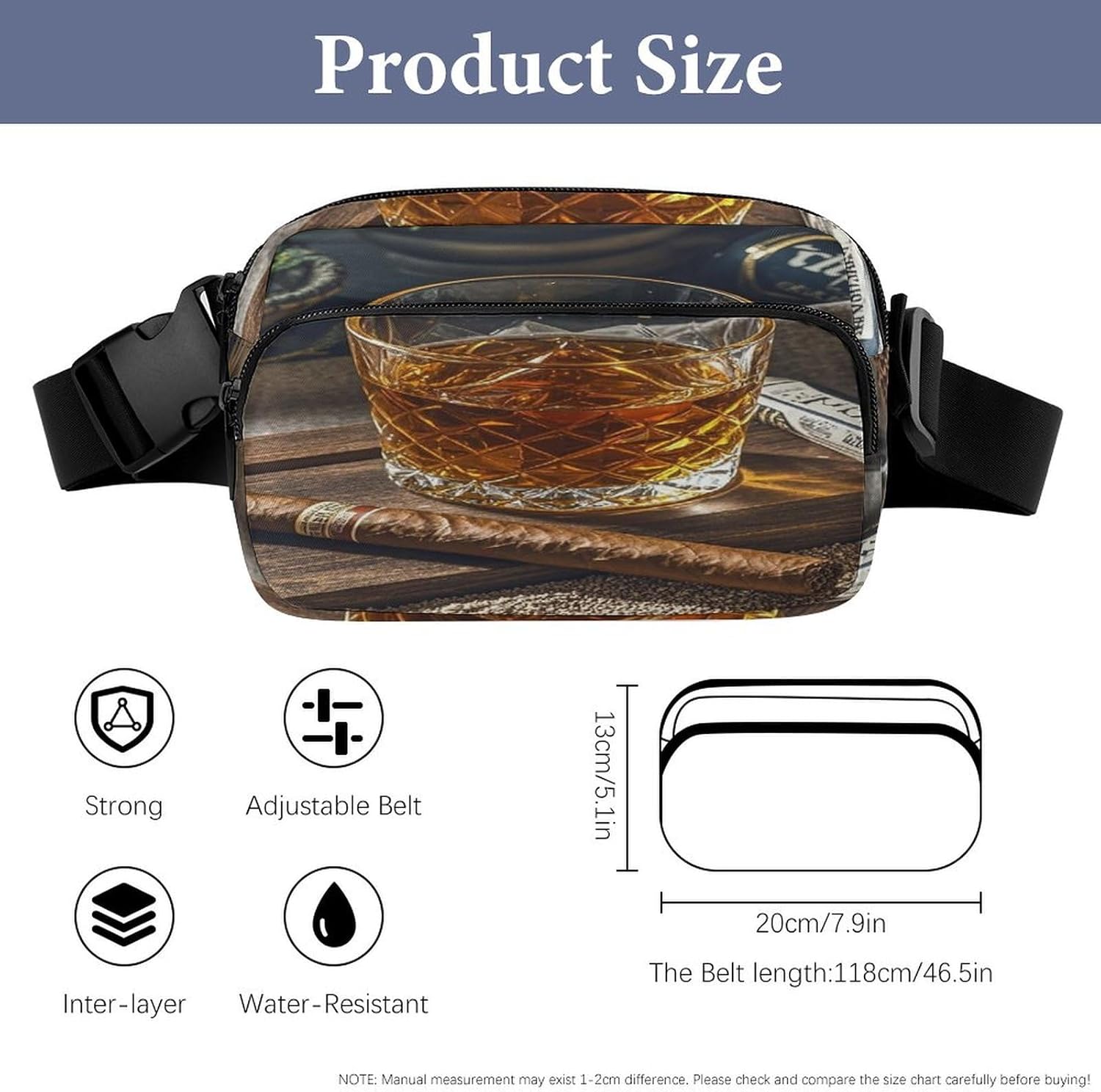 Cigar & Whiskey Fanny Pack Belt Bag with Adjustable Strap Fashion Waist Bag for Outdoor Sports Hiking