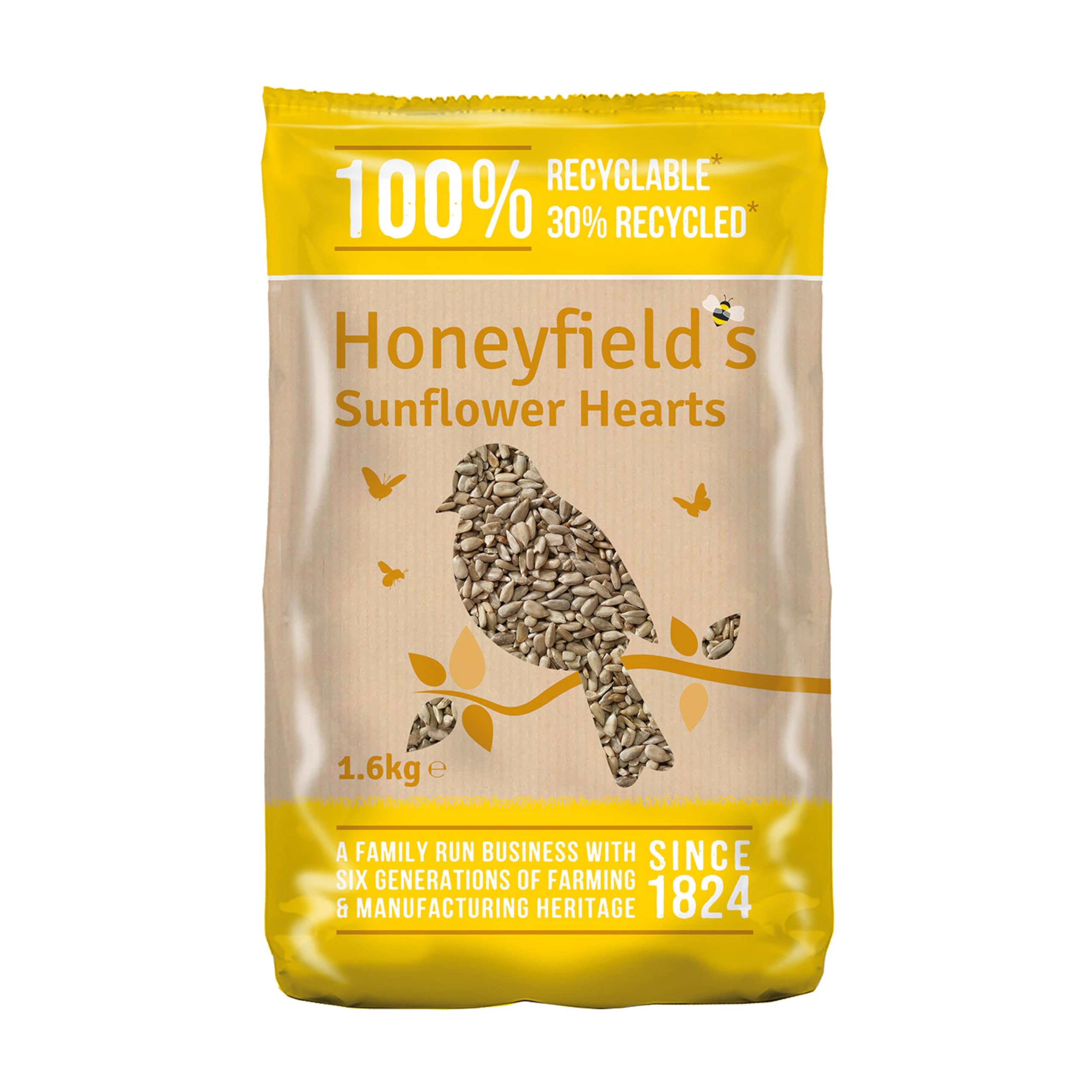 Sunflower Hearts Bird Food - Wild Bird Food for Small Birds, High in Energy and Protein, Great for Hanging Feeders, Bird Tables, and Ground Feeding, Bulk Bag (1.6kg) - Honeyfield’s
