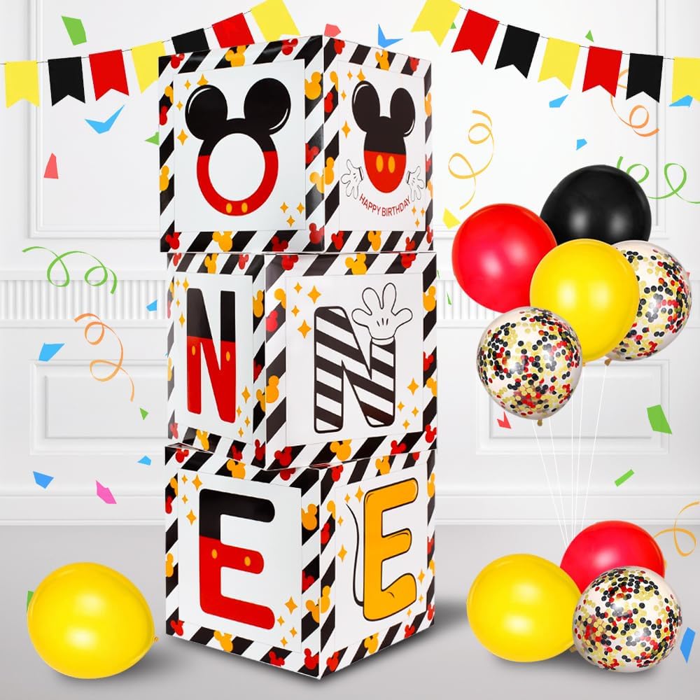 TONIFUL Mouse 1st Birthday Party Supplies Red Yellow Black Balloon Box with Letters，Red Mouse Theme One Years Old Birthday Party Favors for Kids Baby Shower First Birthday Decoration