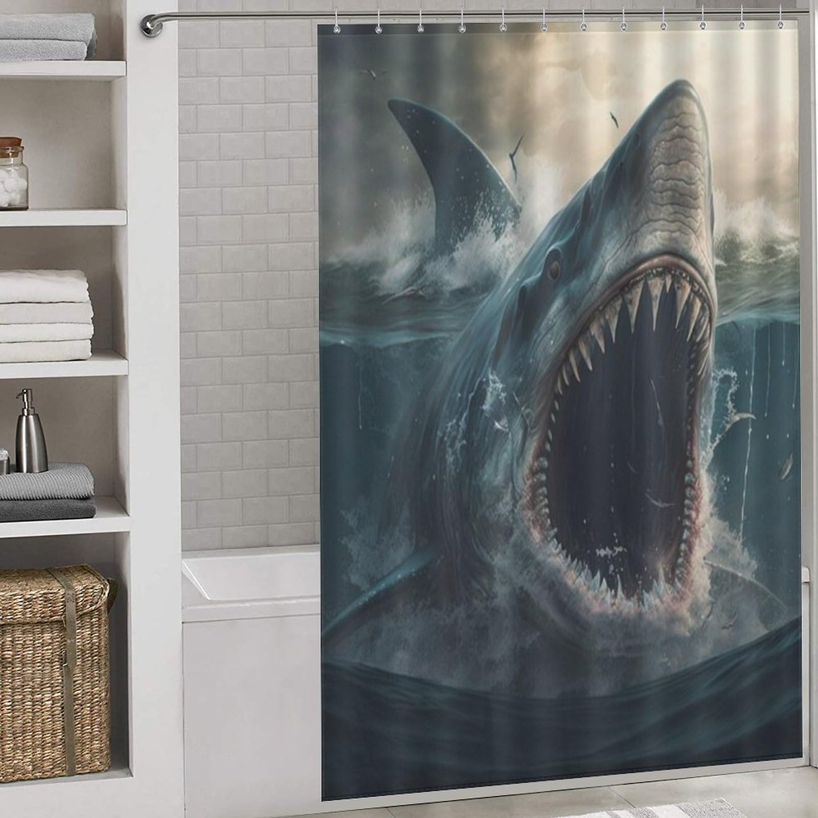 Rideau de douche requin en tissu polyester lavable et imperméable 152x183cm avec 12 crochets