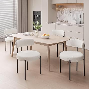 Hawthyhome Dining Chairs Set of 4, Upholstered Teddy Boucle Fabric with Curved Back & Armrest, Modern Side Chairs with Black Metal Legs   White