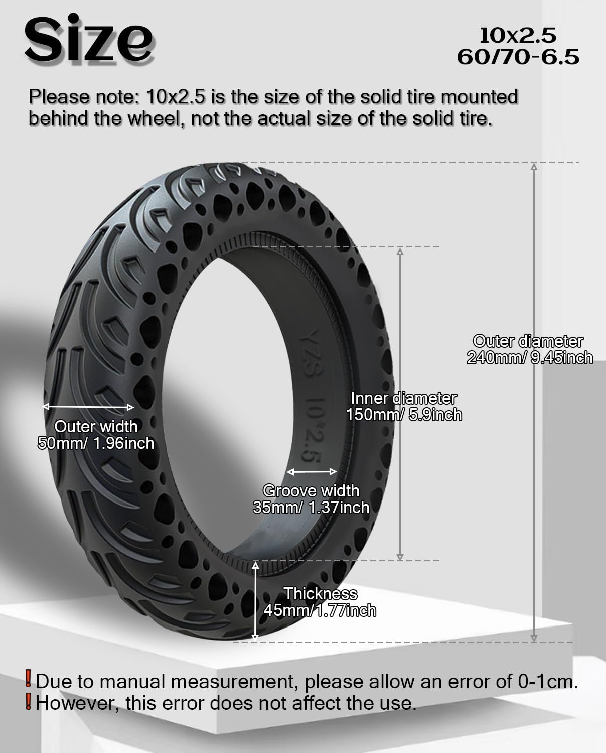 10 Inch Solid Tire 10x2.5 60/70-6.5 Tubeless Tyre Fit for Segway Ninebot Max G30P G30LP/Gotrax G5 G6/Zero10x /Titan Pro Electric Scooter and other, Plosion-Proof Honeycomb Anti-Skid Tire