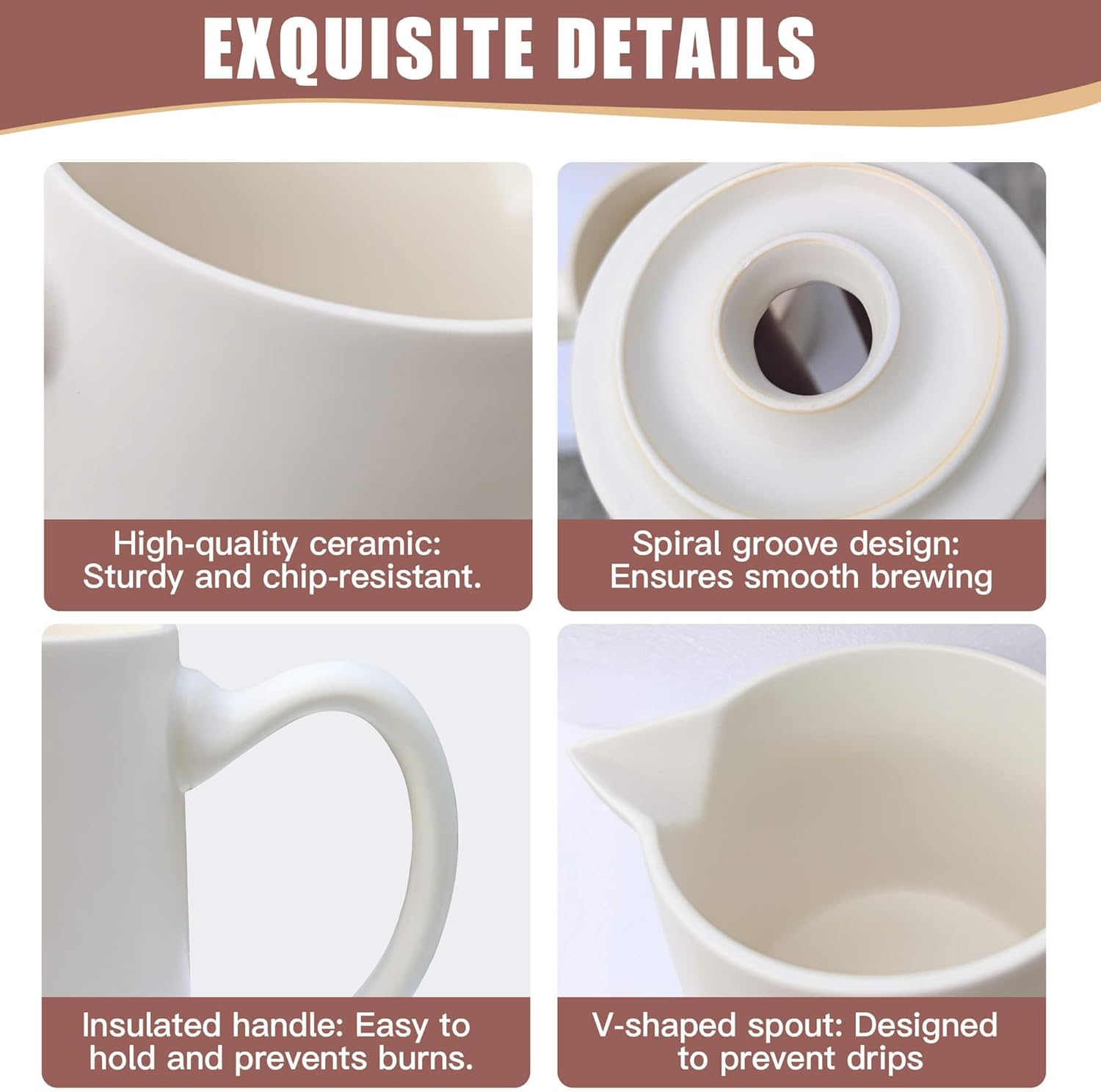 Ceramic Pour Over Coffee Maker Dripper - Uses Standard #2 & #4 Paper Filters, 450ml/15oz, White, Barista Style for Home & Office