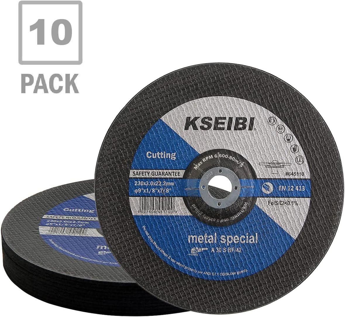 KSEIBI 645110 Grinding Wheels 10-Pack, Aluminum Oxide Discs for Metal & Stainless Steel, 9" x 1/8" x 7/8", Aggressive Grinding for Angle Grinders, Depressed Center Design