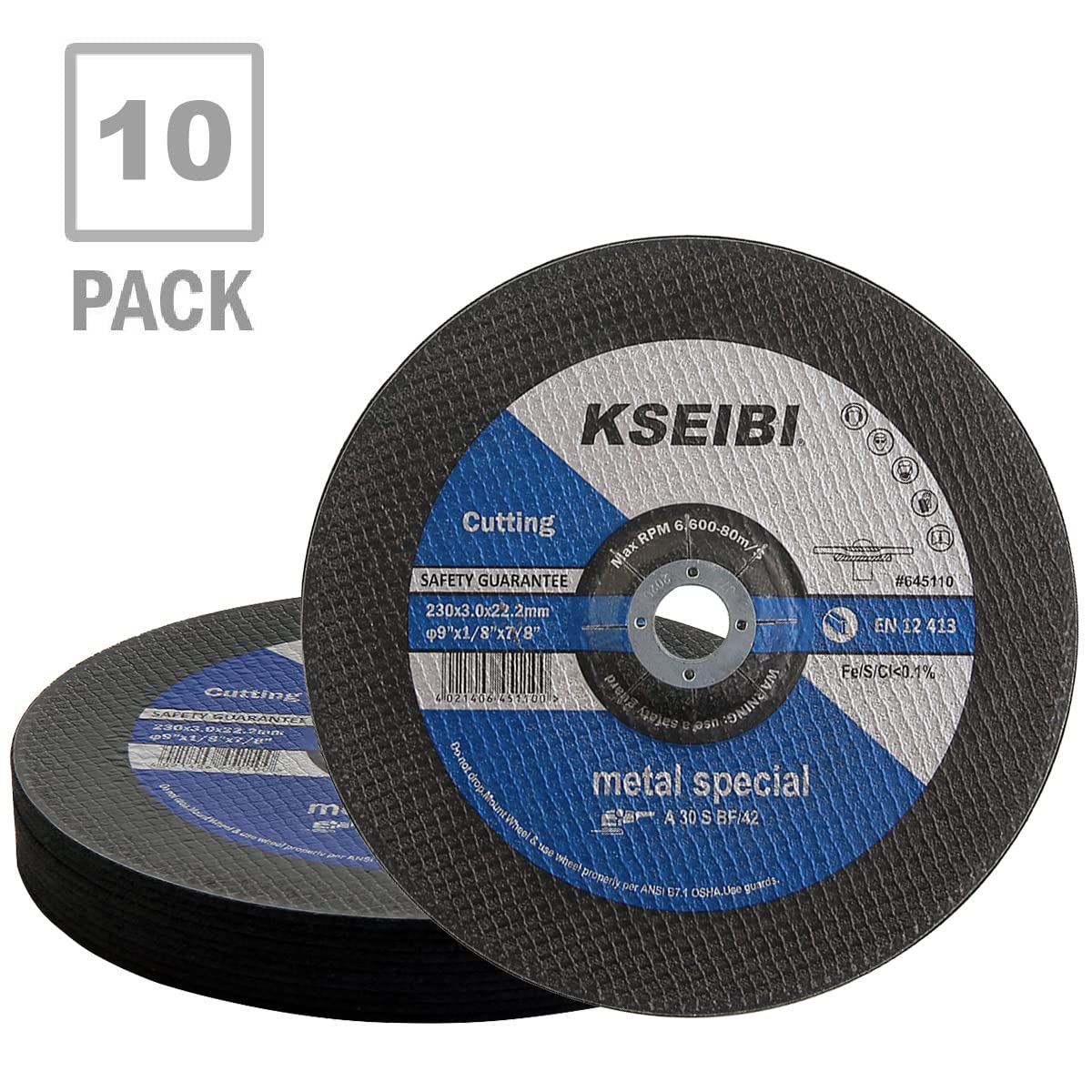 KSEIBI 645110 - Paquete de 10 muelas abrasivas, discos de óxido de aluminio para metal y acero inoxidable, 9 x 1/8 x 7/8 pulgadas, molienda agresiva para amoladoras angulares, diseño central deprimido