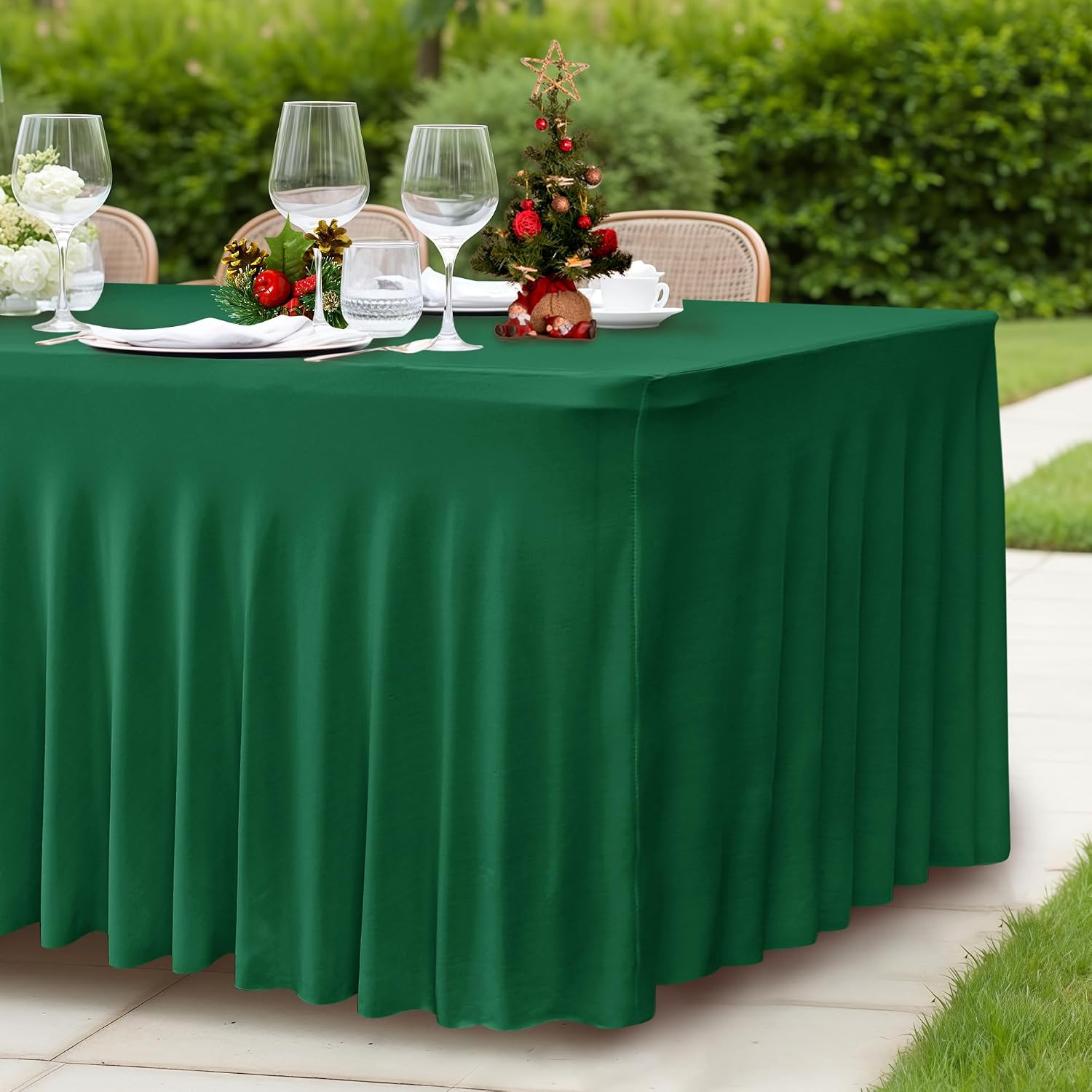 HolidayIdeas 2 Pack Hunter Green Spandex Table Skirt for 6ft Rectangle Desk, 72 Inch Fitted Cover for Christmas Dinner Buffet thumbnail