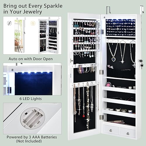 Miniatura 4 de CHARMAID Armario de joyería de 6 luces LED montado en la paredpuerta organizador de joyas con cerradura con espejo de longitud completa 2 cajones