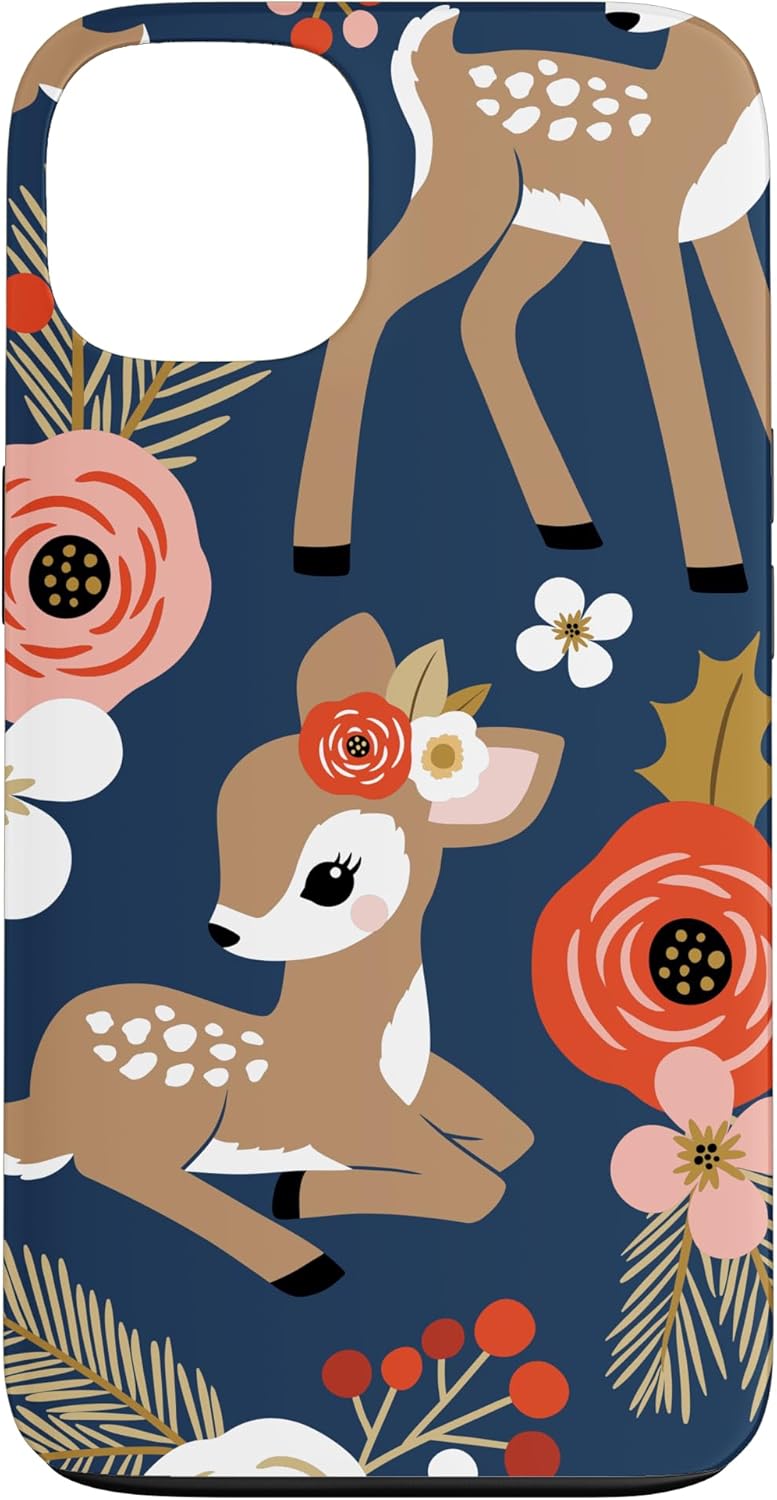 iPhone XR Fall Fawn Deer Floral Navy Brown Pink White Red Berries Fun Case