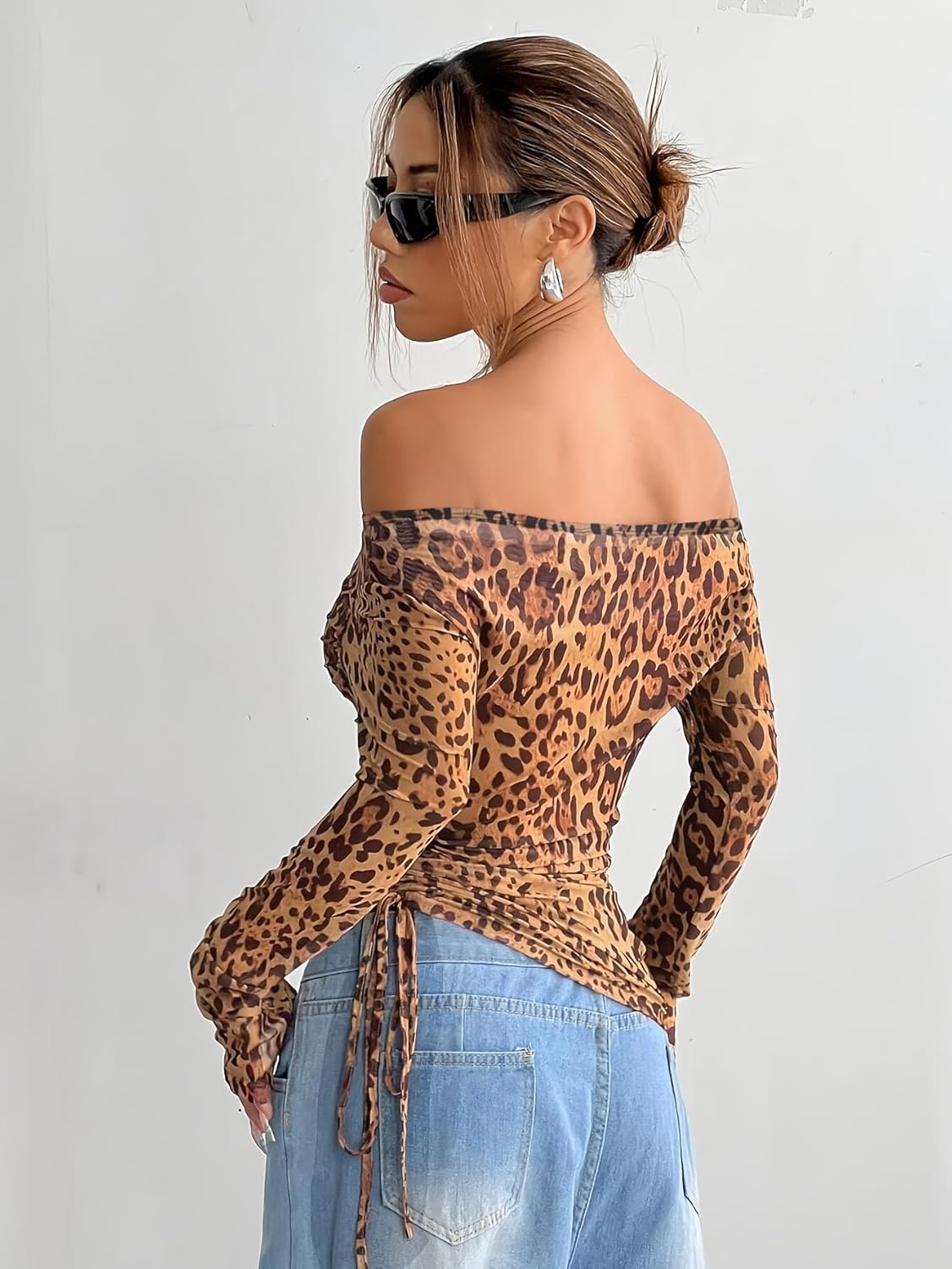 Mandonce Cheetah Print Top Mesh See Through Off The Shoulder Neck Long Sleeve Drawstring Cute Tops Black Leopard Print Top