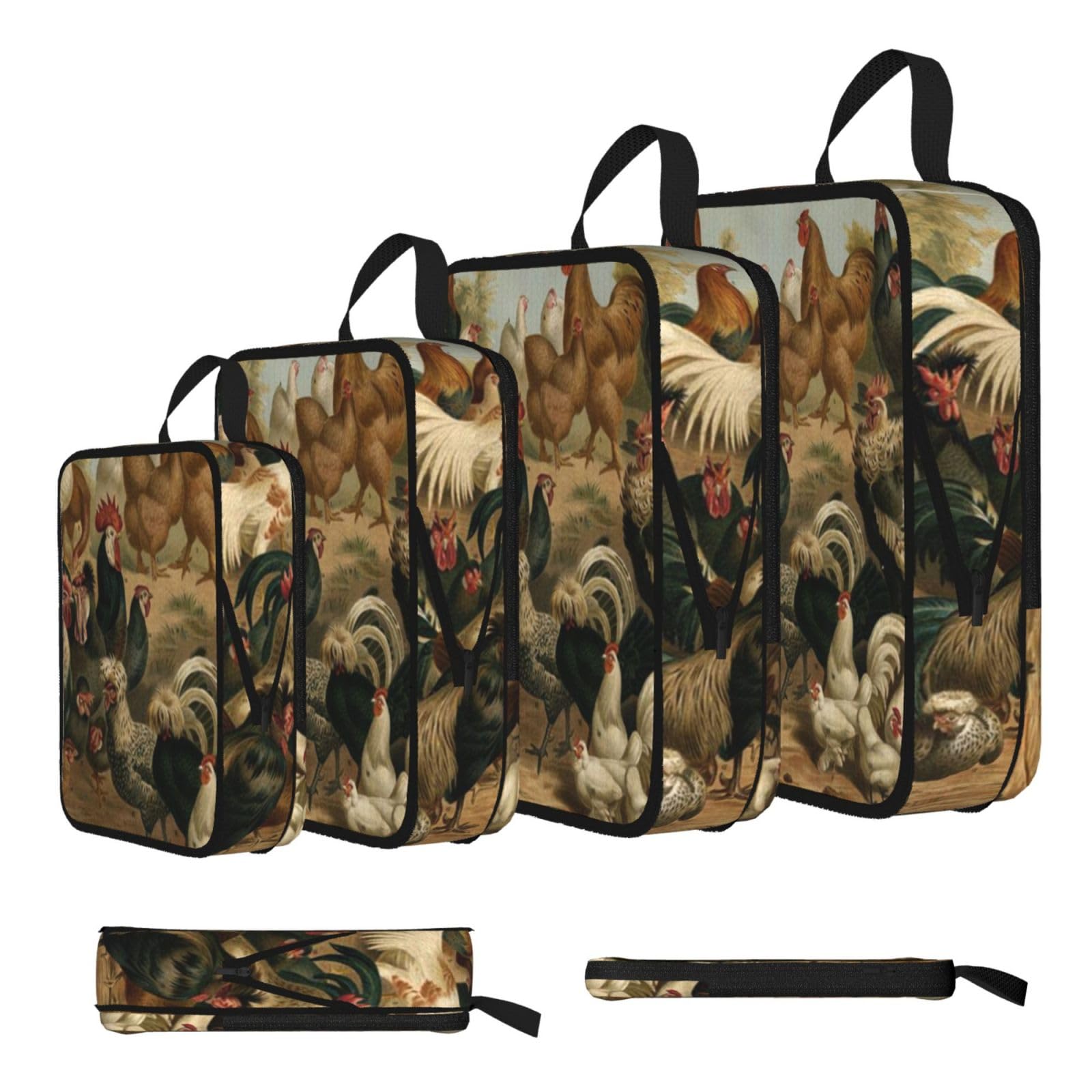 Chicken And Rooster Print Print Compression Packing Cubes 4-Piece Set With Multi- Compartment Travel Bag, Waterproof Suitcase Organiser Bags